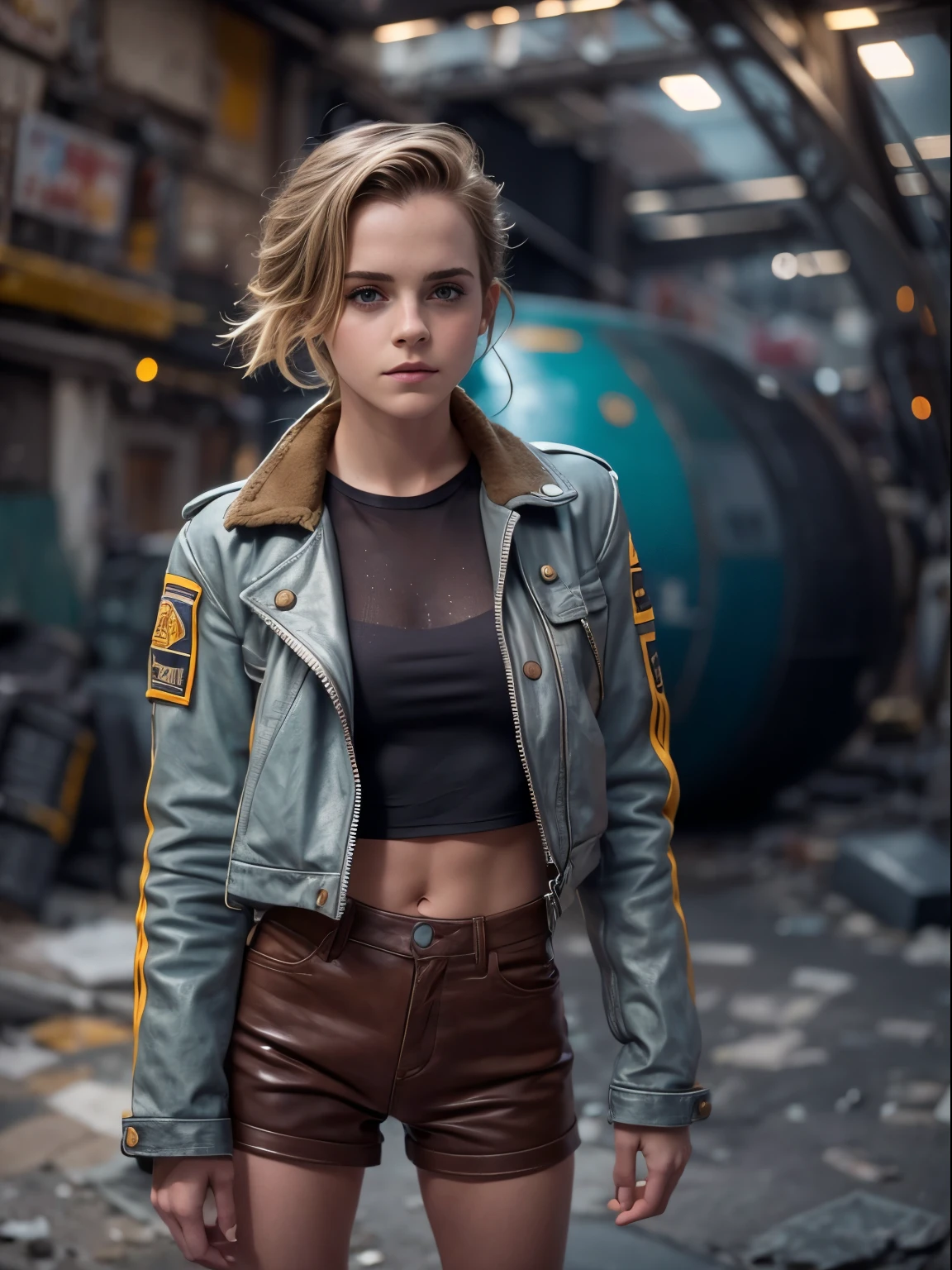 Emma Watson will do it ,blonde. Shining blue eyes that speak of innocence and acceptance. Slim and beautiful body type. Tight leather shorts. Crop top. Outside the spacecraft. Torn clothing exposes muscles. SF. From the back. Looking Back.RAW Photos, Shapuri, Lee Jeffries Nikon D850 Film Stock Photo Graph 4 Kodak Portra 400 Camera F1.6 lens rich colors hyper realistic lifelike texture dramatic lighting unrealengine trending on artstation cinestill 800,