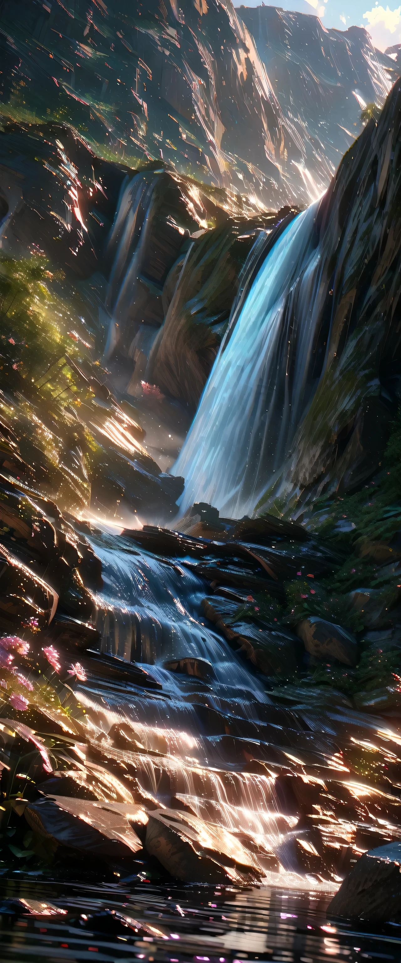 A turbulent waterfall in a tranquil and beautiful landscape, Ray Tracing, detailed reflections, complicated, High detail, dramatic, Top quality masterpiece, Realistic, detailed, 8k, High resolution, Backlight, bloom, The light shines, chromatic aberration, Sharp focus