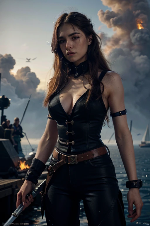 (Ultra quality: 1.2), (Ultra detailed: 1.2), (Ultra detailed clothing: 1.2), (Ultra detailed face: 1.2), (Ultra detailed eyes: 1.2), (Ultra detailed body: 1.2), (Ultra detailed weapons :1.2), 1 woman pirate, standing on deck, different hair colors, sword fights, battlefield in the background, fire in the background, night, epic light, dramatic sky