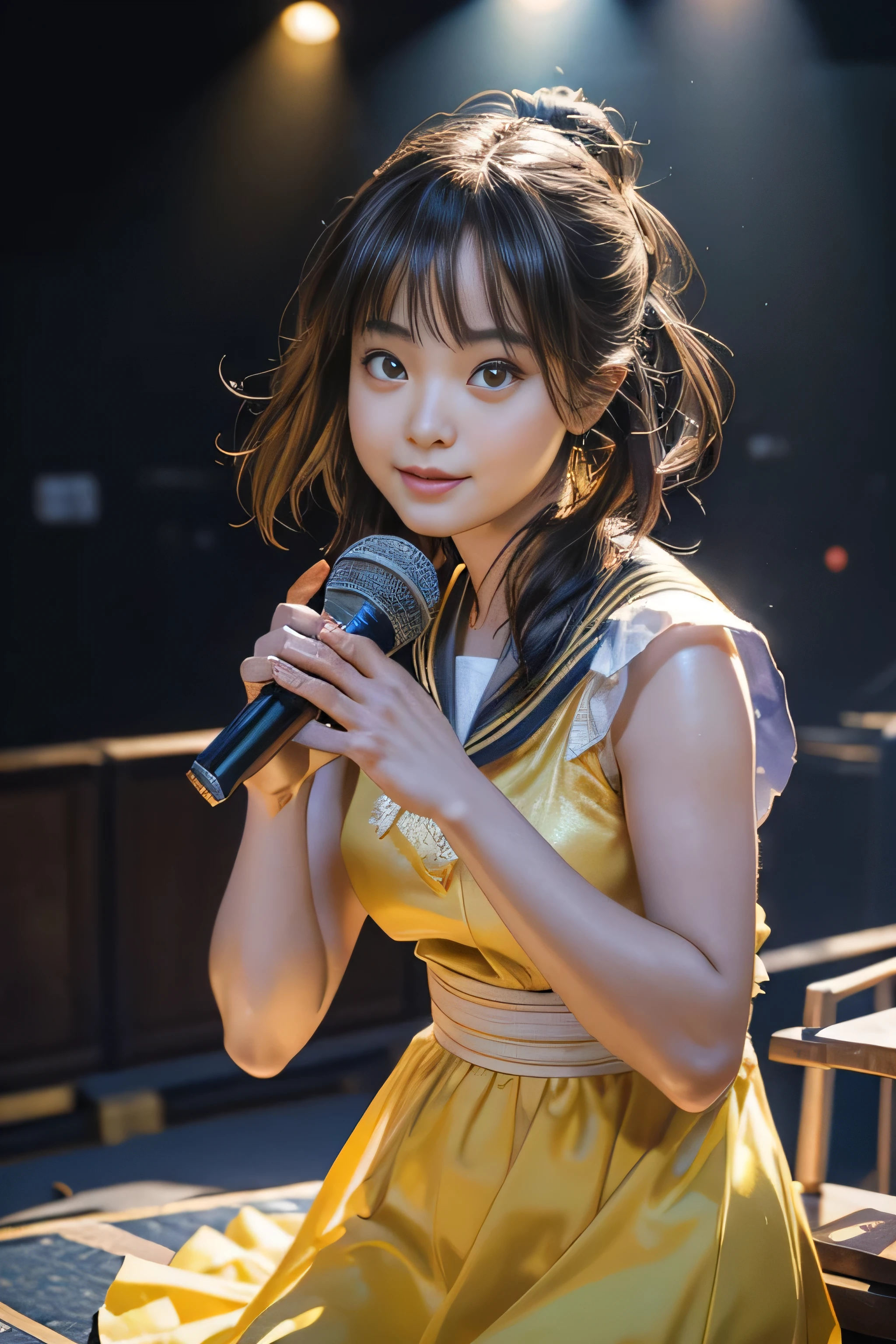 Girls of Japan Idol Groups.Co., Ltd.. Execute, ((8k, RAW Photos, Best image quality, Tabletop:1.2)), (Realistic, Realistic: 1.3), (Depth of written boundary: 1.2), Beautiful Japanese woman in her 20s, Dynamic Angle, (1 person:1.3), Girl1 person, Idol, Yellow outfit, (Yellow Ultimate Sailor Idol Dress), Colorful Idol Dress, Huge , Volumetric lighting, Highly detailed face and skin texture, Delicate eyes, Brown Shortcut, Hair lift, Cute Smile, microphone, Neon Light, Neon Rim Light, On stage laser beam, Psyllium, Spotlight, Cowboy Shot, Moody lighting, Concert Venues, on stage, (Audience around the stage: 1.5), (Holding the microphone and singing on stage:1.5), Intricate details, (Round face: 2.0), (Explosion of pixel particles:1.2), Dynamic Lighting, From below