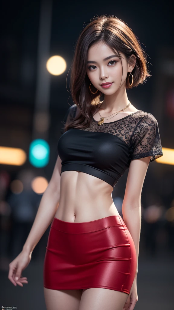 8k, masterpiece, RAW photo, best quality, photorealistic, extremely detailed CG unity 8k wallpaper, Depth of field, Cinematic Light, Lens Flare, Ray tracing, (extremely beautiful face, beautiful lips, beautiful eyes), intricate detail face, ((ultra detailed skin)) 1girl, in the dark, deep shadow, pretty korean girl, kpop idol,(very slim slender fit-muscled body), ((looking at viewer)),(big smile), (fashion city night, (neon sign), (blurry background), midnight, (vacant city), (without people in the background), pretty korean girl, earrings, bracelets, necklace, clear eyes, walking , front shot, (pale skin), face forward, (big eyes), ((upper body shot)), (small size, baseball cap), ((red color leggings)), (camel toe, shape), (see through T-shirt), (ponytail) (looking at viewer), medium breasts,((smile)), ((camel toe)), turning back, ((back shot)), see through, ((laced)), medium butts