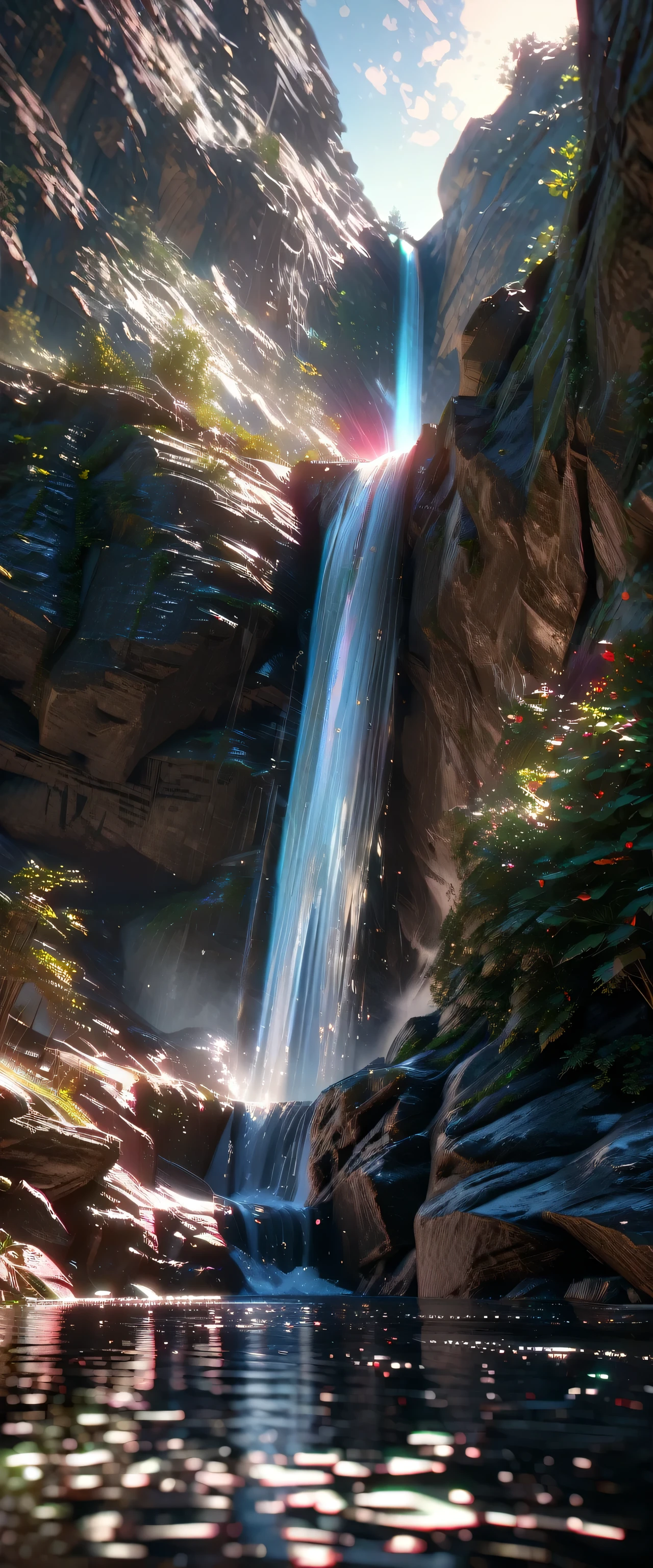 A turbulent waterfall in a tranquil and beautiful landscape, Ray Tracing, detailed reflections, complicated, High detail, dramatic, Top quality masterpiece, Realistic, detailed, 8k, High resolution, Backlight, bloom, The light shines, chromatic aberration, Sharp focus