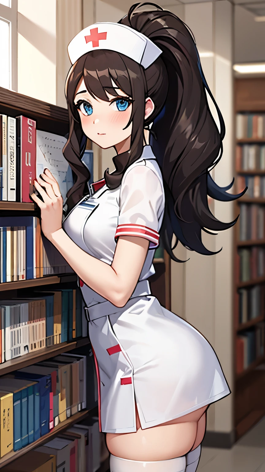 (masterpiece, best quality, detailed), 1girl, solo, looking at viewer, hilda pokemon, high ponytail, long hair, blue eyes, nurse, nurse uniform, white thighhighs, nurse cap, id card, white dress, indoors, library, bookshelf, book, book stack, blush