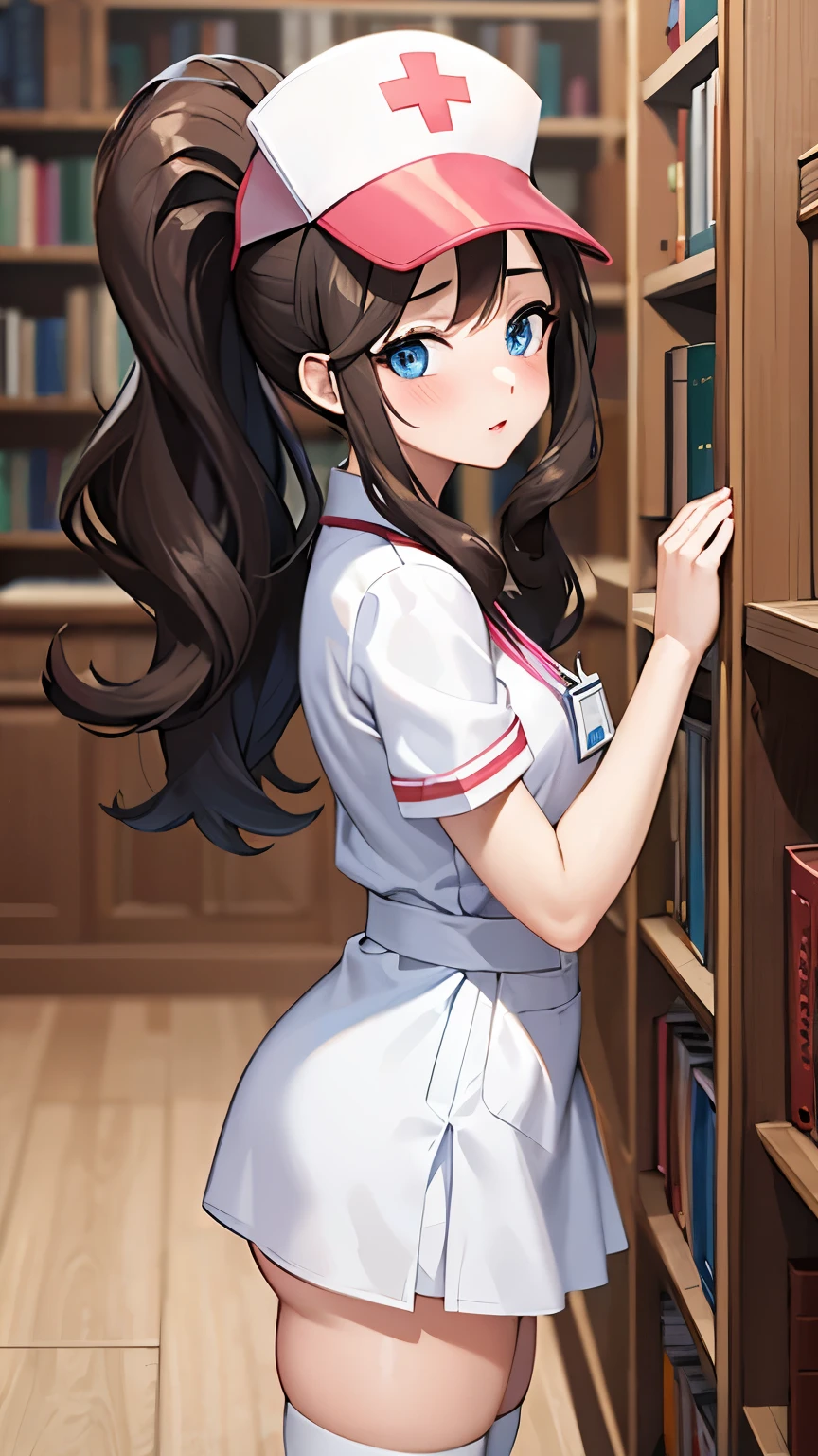 (masterpiece, best quality, detailed), 1girl, solo, looking at viewer, hilda pokemon, high ponytail, long hair, blue eyes, nurse, nurse uniform, white thighhighs, nurse cap, id card, white dress, indoors, library, bookshelf, book, book stack, blush