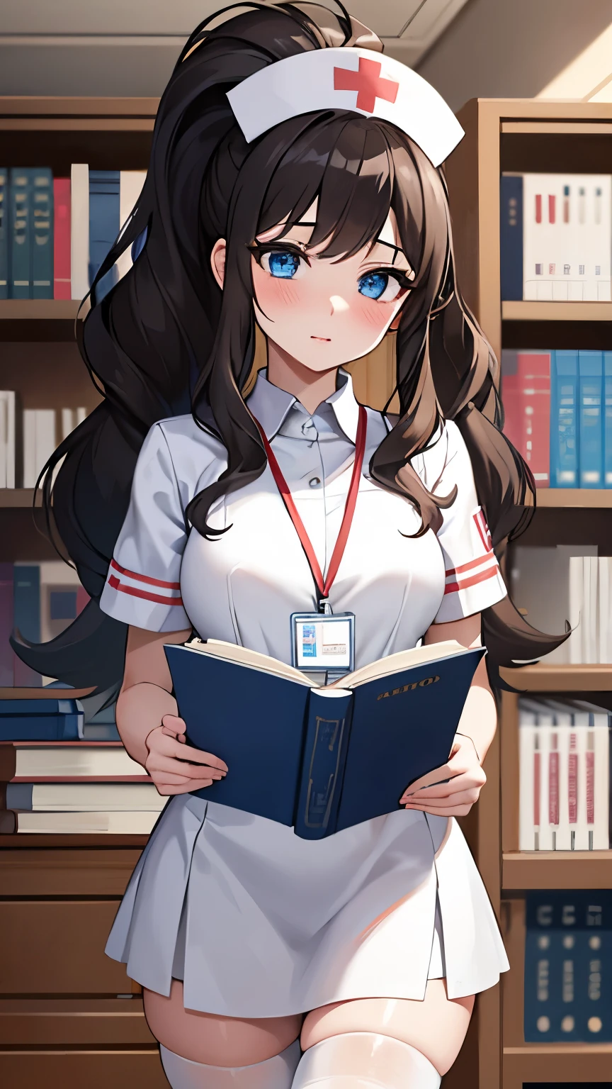 (masterpiece, best quality, detailed), 1girl, solo, looking at viewer, hilda pokemon, high ponytail, long hair, blue eyes, nurse, nurse uniform, white thighhighs, nurse cap, id card, white dress, indoors, library, bookshelf, book, book stack, blush