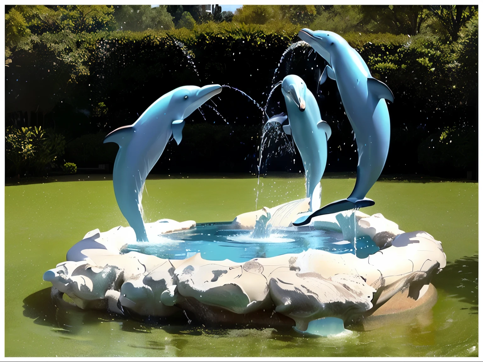 there are two dolphins that are playing in the water fountain, dolphins, dolphins jumping, dolphin, featuring marble fountains, dolphins swimming, featuring flowing fountains, 3 nymphs circling a fountain, Artistic Rendering, fountain, Made of liquid metal and marble, 深海sculpture, I can&#39;t believe this is true, marble sculpture, statue is a fountain, water fountain, sculpture