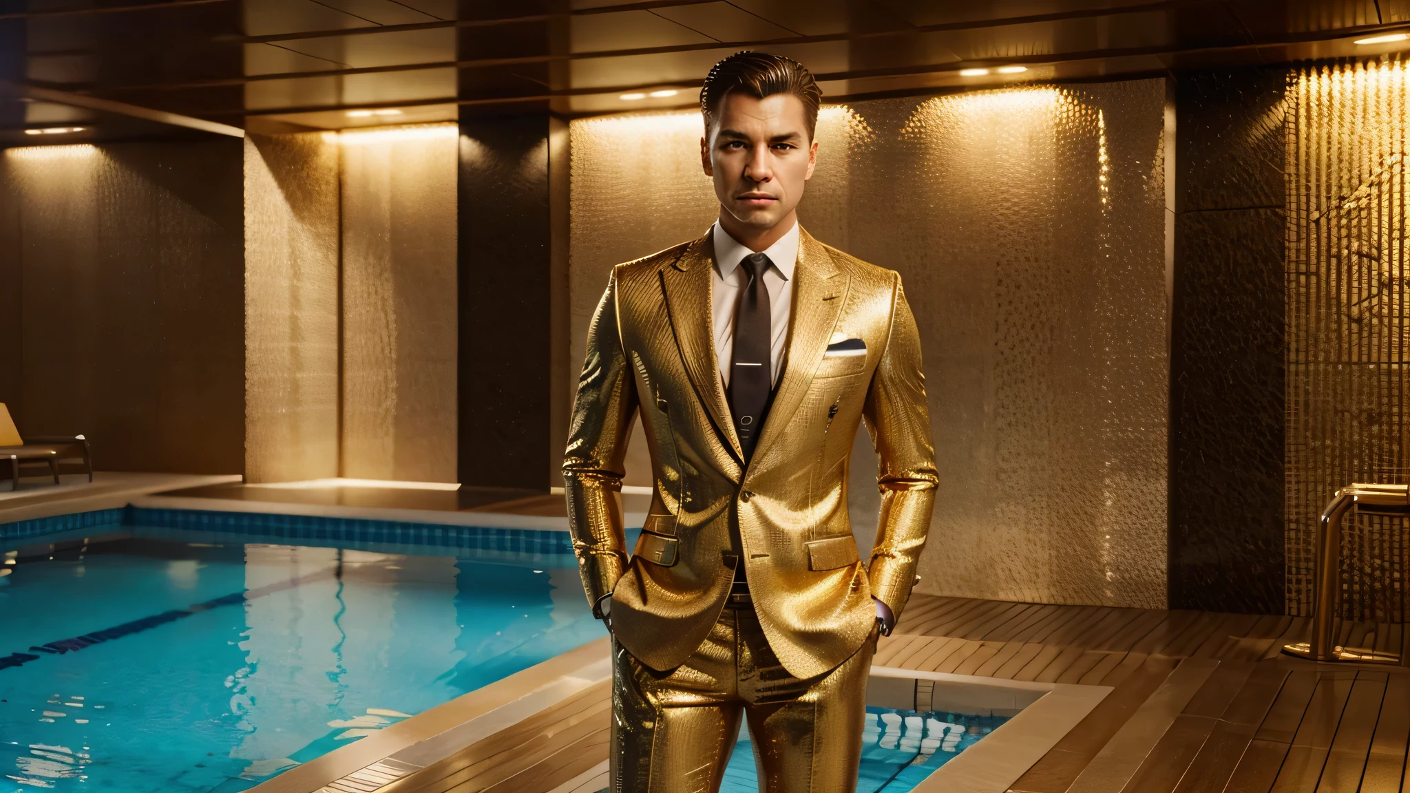 a millionaire man in a suit in front of a swimming pool and beside him several bars of gold money, ultra detailed image, realism, 8k, hyper detailed skin, intense and vivid colors.