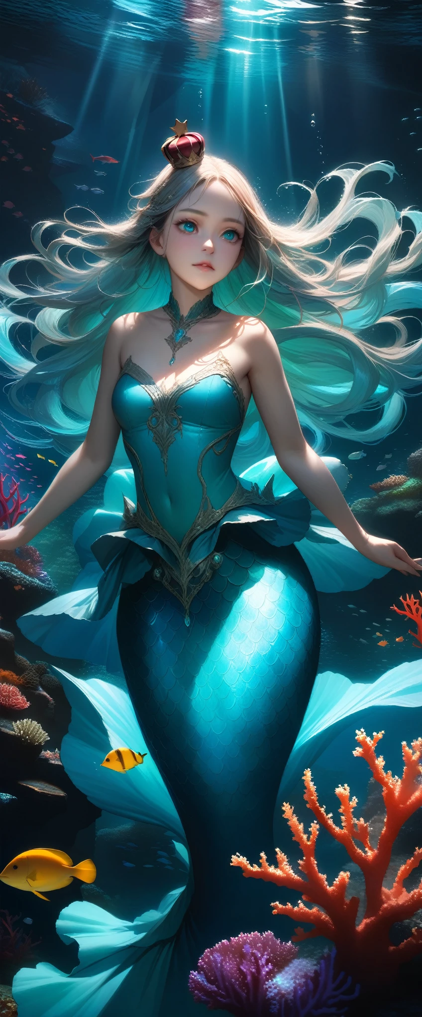 Best Best quality, masterpiece, ultra high res, raw photo, beautiful and aesthetic,deep shadow, dark theme,(photorealistic:1.4),
1girl, latex with frills, bodysuit, sexy pose, coral, underwater, on seabeds, Headdress, hair ornament, full of coral and sea element, drill hair, long hair, blonde hair, gradient hair, yellow eyes, solo, huge breasts, big hair, blue hair, tiara, divine goddess, looking at viewer, underwater bedroom, Seafoam, Buble, shells, Fish, pearls, conch, ocean floor, astraea, full body, Fish ear, Mermaid, 