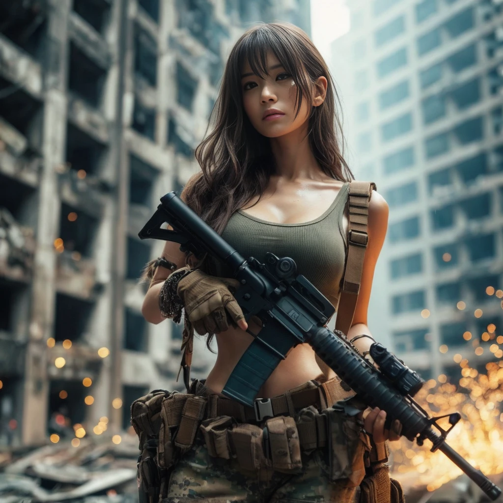 ut dirty face by dust, Beautiful Japanese girl with long hair wearing a khaki tank top & Desert camo military pants, tactical suit & Military belt loaded with weapon accessories & parts, Cool intense look, Posing in the battlefield of the city ruins, Dystopia Under Siege Smoke Movie Background, Ultra-realisticな写真,(((Long black hair))), Action pose, blue eyes, Sweaty, damp skin & face, Skin Texture Pores, Wounded, Torn clothes, Battle scars, Japanese beautiful girl, Black hair swaying in the wind, (8k, High resolution,super high quality, Ultra HD, Ultra-realistic, highest quality, masterpiece:1.2), Large Breasts, Clothes that can always see through the Nipples, Carrying a tactical rifle properly、Train to have your weapon fully loaded and ready to attack, Combat Mode Gestures, Eyes visible through hair, Proper eye position, Cinematic Light, Soft Light, Waist, detaileded color graded background, Complex, highly detaileded, 8k, Overall silhouette, Dramatic battlefield scene by day, high detaileded, Wallpaper quality, Excellent anatomy, Correct body, hand & Finger Anatomy (roller:addition_detailed:0.8) hyper realistic scenery moment detailed sharp, Fujifilm XF 56mm f/1.2 R Lens. HDR10 8k