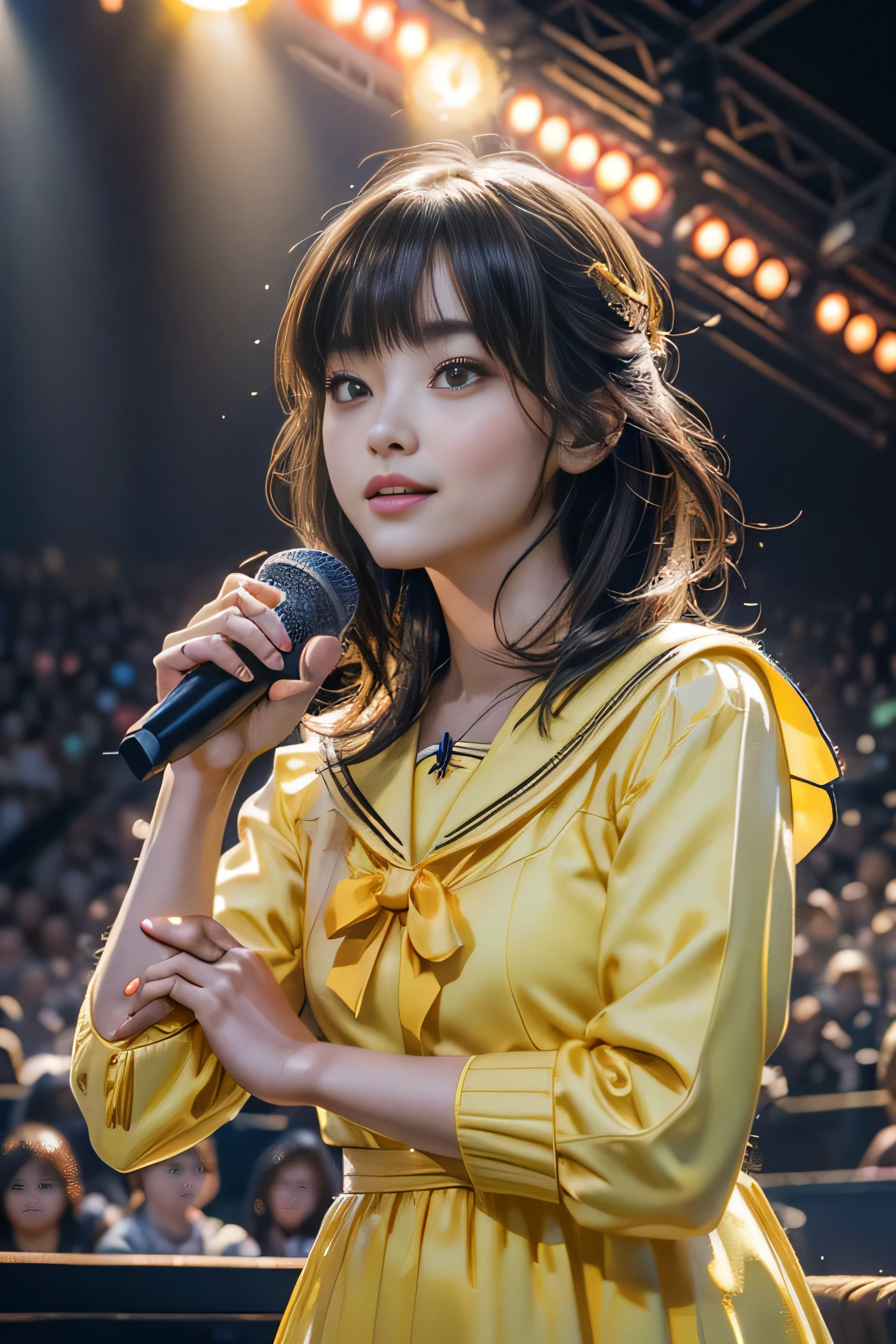 Girls of Japan Idol Groups.Co., Ltd.. Execute, ((8k, RAW Photos, Best image quality, Tabletop:1.2)), (Realistic, Realistic: 1.3), (Depth of written boundary: 1.2), Beautiful Japanese woman in her 20s, Dynamic Angle, (1 person:1.3), Girl1 person, Idol, Yellow outfit, (Yellow Ultimate Sailor Idol Dress), Colorful Idol Dress, Huge , Volumetric lighting, Highly detailed face and skin texture, Delicate eyes, Brown Shortcut, Hair lift, Cute Smile, microphone, Neon Light, Neon Rim Light, On stage laser beam, Psyllium, Spotlight, Cowboy Shot, Moody lighting, Concert Venues, on stage, (Audience around the stage: 1.5), (Holding the microphone and singing on stage:1.5), Intricate details, (Round face: 2.0), (Explosion of pixel particles:1.2), Dynamic Lighting, From below