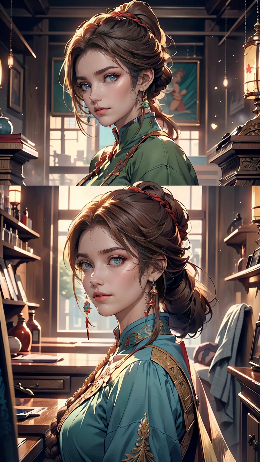 anime, High resolution, Woman close up ((Red braided low ponytail hair)) and (((the most beautiful Green eyes))) in (((Blue clothes))), (((determined)), 8k, Unreal EnGine 5, オクタンレンダリンG, by Kyun, GamanG, Yoon Gon-Ji, G.To, Gosonjak, Schloop, Severe, Dorm, Noah, trendinG on pixiv, Fan Box, Sketch, masterpiece, Detailed face, smooth soft skin, biG dreamy eyes, beautiful intricate colored hair, Symmetric, anime wide eyes, soft liGhtinG, Concept Art, diGital paintinG,