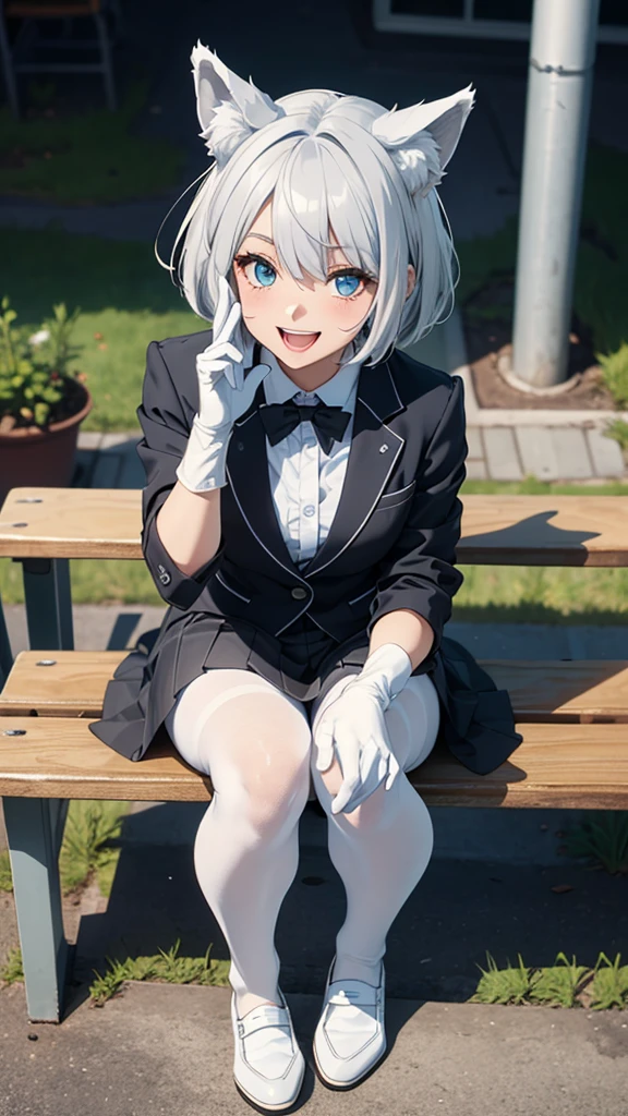 table top　High level image quality　best image quality　8k　 adult woman　full body portrait　white long gloves（elbow gloves）　white pantyhose　blazer（sleevelesini skirt　black loafers　white wolf ears　short hair（（shortcut）（gray hair）（perm）（fluffy））　eye color is blue　fascinating face（（laughter）（smile）（open your mouth））　sit on a bench　School
