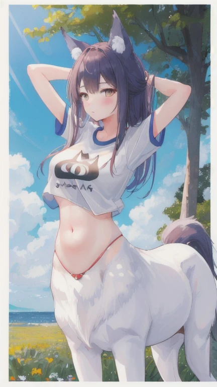 (best quality, masterpiece), 1 girl, centaur, It takes, belly button t-shirt, The lower body is a wolf, The upper body of a beautiful girl , 아름다운 소녀 perfect wolf photo, perfect wolf photo