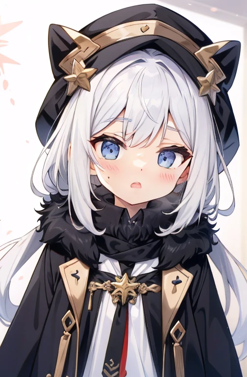 maionese shigure, 1 garota, seios, olhando para o espectador, corar, sorriso, cabelo curto, boca aberta, franja, hair ornament, Orelhas de animais, cabelo entre os olhos, medium seios, olhos roxos, presilha de cabelo, Olhos rosa, crossed franja, cabelo verde claro, orelhas de doninha, luvas, fur trim, jaqueta cinza, Grey hat, cauda de animal