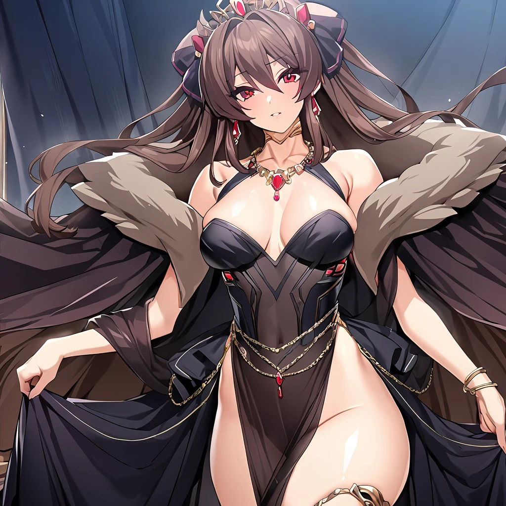 ((highest quality)), ((masterpiece)), (detailed), (Perfect Face)、The woman is Marina Katsuragi and has long brown hair.、She has red eyes, a gorgeous black long slit see-through dress that shows off her skin, a see-through cape with fur, a jeweled necklace, a tiara, earrings, a head dress-up chain, a waist chain, bracelets, anklet, etc.々She wears lavish jewelry and shiny black boots.