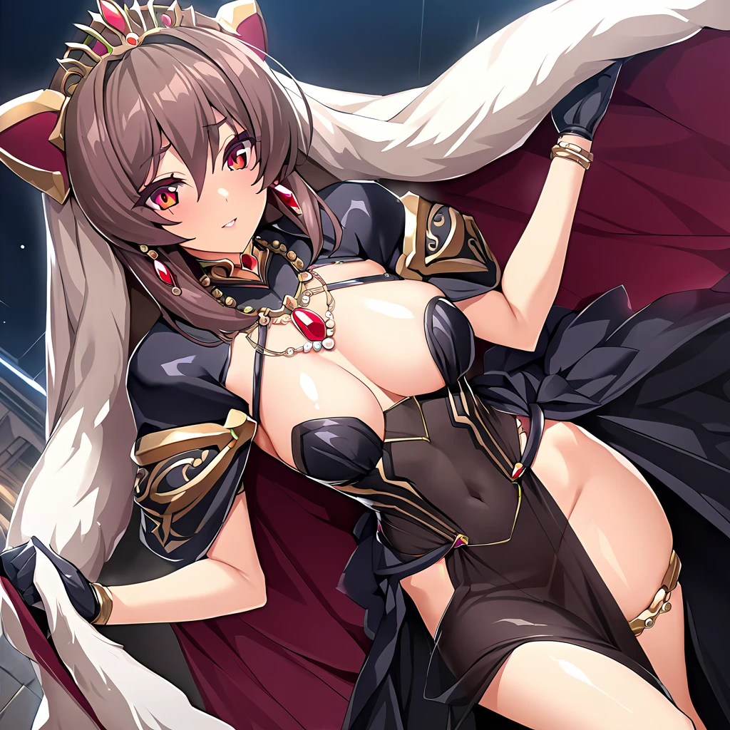 ((highest quality)), ((masterpiece)), (detailed), (Perfect Face)、The woman is Marina Katsuragi and has long brown hair.、She has red eyes, a gorgeous black long slit see-through dress that shows off her skin, a see-through cape with fur, a jeweled necklace, a tiara, earrings, a head dress-up chain, a waist chain, bracelets, anklet, etc.々She wears lavish jewelry and shiny black boots.