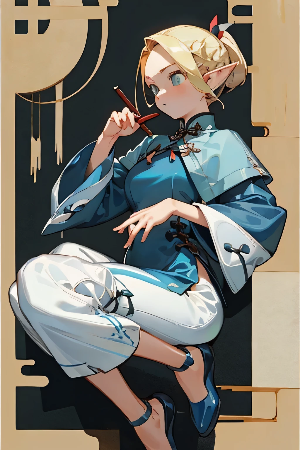 (masterpiece, best quality) detailed, silver accessories , The zipper is not closed , Blonde ,elegant, Pointed ears ，Chinese，cheongsam，whole body，Ink Painting，cross