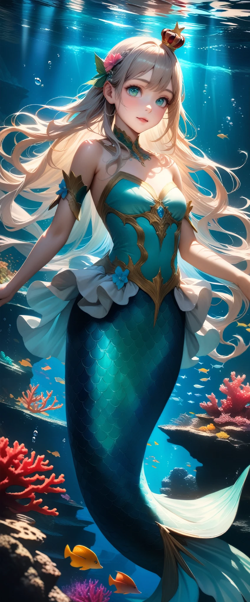 Masterpiece, Best Quality, Super Detailed, High Definition, Expensive Resolution, HDR, Realistic, Depth, Fine Texture, Super Fine, very cute girl, mermaid princess, adorable, mini crown, mythical creature, underwater scene, fantasy art, highly detailed, intricate details, beautiful detail eyes, aqua eyes, look at camera, confident demeanor, delicate features, flowing hair, shimmering scales, ocean background, coral reef, sunlight filtering through water, vibrant colors, cinematic lighting,