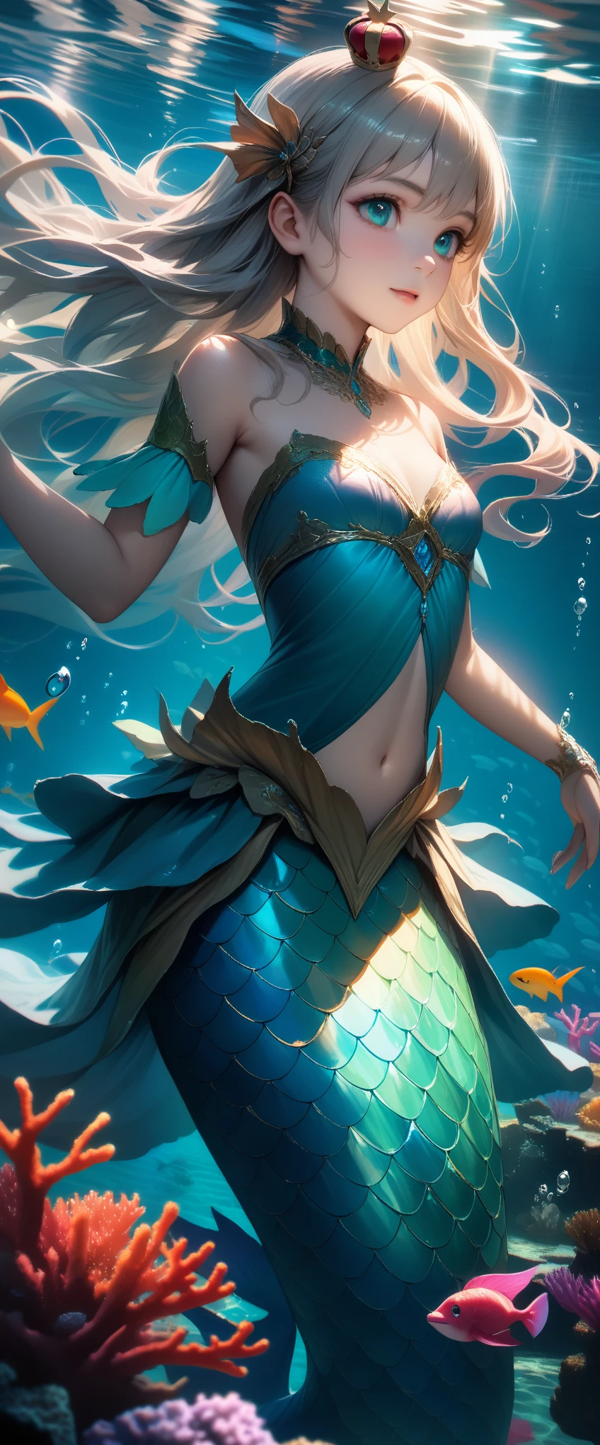 Masterpiece, Best Quality, Super Detailed, High Definition, Expensive Resolution, HDR, Realistic, Depth, Fine Texture, Super Fine, very cute girl, mermaid princess, adorable, mini crown, mythical creature, underwater scene, fantasy art, highly detailed, intricate details, beautiful detail eyes, aqua eyes, look at camera, confident demeanor, delicate features, flowing hair, shimmering scales, ocean background, coral reef, sunlight filtering through water, vibrant colors, cinematic lighting,
