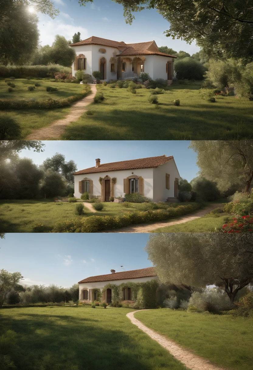 a simple house, with 3 rooms, large windows, a front porch, like a pergola, a house with a single roof, with colonial tiles, on the left portion of a 5, 000 square meter lot, neighboring 3 other lots, to the side and to the back, separated by a wild lemon hedge, with thorns, well trimmed and 2 meters high. The vegetation on the lot is green pasture, with leafy trees around. There are a few birds flying, chickens and a friendly short-haired dog. Clear sky or sunset. 8k, cinemascope, high quality, accurate, with the family being a couple standing and talking and the 2 children aged 7 and 10 playing in front of the house, with an aerial view in 3D perspective, located on a 5, 000m² plot of land next to a greenhouse and on the other side, a small stud farm with horses grazing and also a small fruit orchard, next to two other plots of the same size, with wooden fences painted white as borders. These neighboring plots of land have corn planted around them. the scene is with a very blue sky, on a slightly wavy horizon. Ultra realistic landscape and cinematic media and its realistic characters in an informal situation. Effect with highlighted colors and mimicking the works of the Italian painter Caravaglio. Size 9:16., depth of field, cinematic lighting, 360 view, Wide-Angle, Ultra-Wide Angle, HD, 4K, anatomically correct