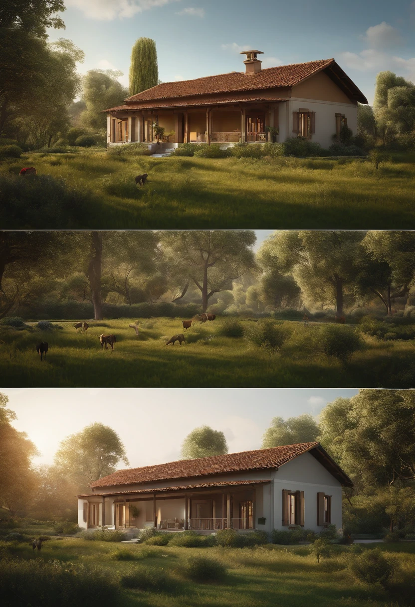 a simple house, with 3 rooms, large windows, a front porch, like a pergola, a house with a single roof, with colonial tiles, on the left portion of a 5, 000 square meter lot, neighboring 3 other lots, to the side and to the back, separated by a wild lemon hedge, with thorns, well trimmed and 2 meters high. The vegetation on the lot is green pasture, with leafy trees around. There are a few birds flying, chickens and a friendly short-haired dog. Clear sky or sunset. 8k, cinemascope, high quality, accurate, with the family being a couple standing and talking and the 2 children aged 7 and 10 playing in front of the house, with an aerial view in 3D perspective, located on a 5, 000m² plot of land next to a greenhouse and on the other side, a small stud farm with horses grazing and also a small fruit orchard, next to two other plots of the same size, with wooden fences painted white as borders. These neighboring plots of land have corn planted around them. the scene is with a very blue sky, on a slightly wavy horizon. Ultra realistic landscape and cinematic media and its realistic characters in an informal situation. Effect with highlighted colors and mimicking the works of the Italian painter Caravaglio. Size 9:16., depth of field, cinematic lighting, 360 view, Wide-Angle, Ultra-Wide Angle, HD, 4K, anatomically correct