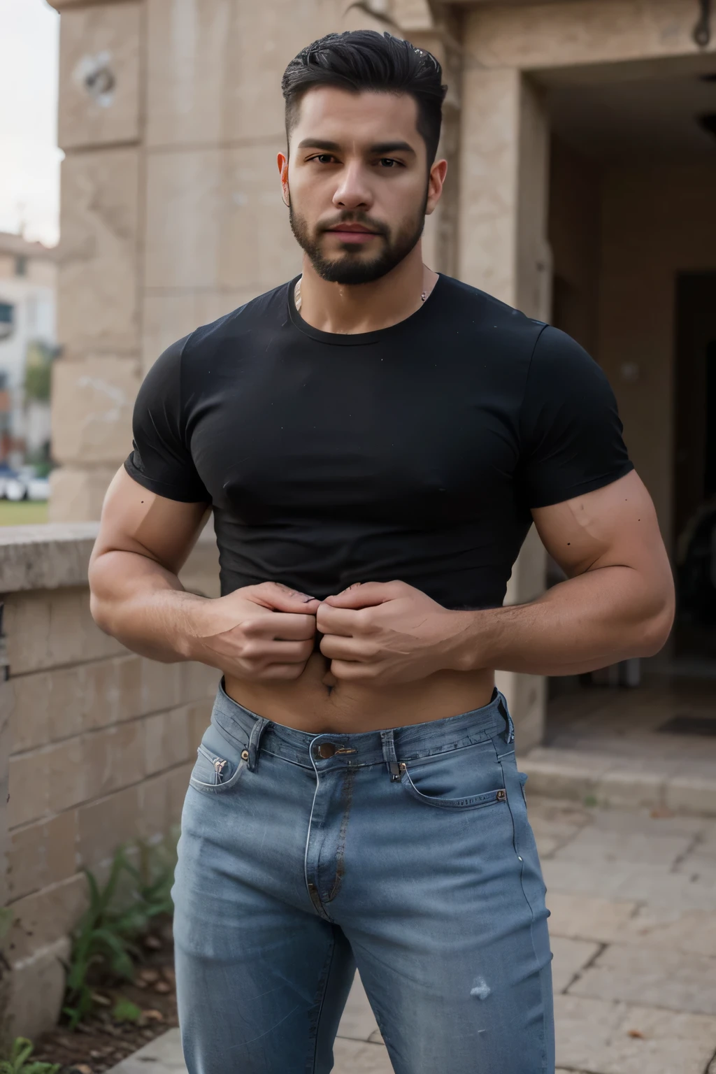 Man, latino, muscle, bearded, black hair, black t-shirt, wearing jeans, europa