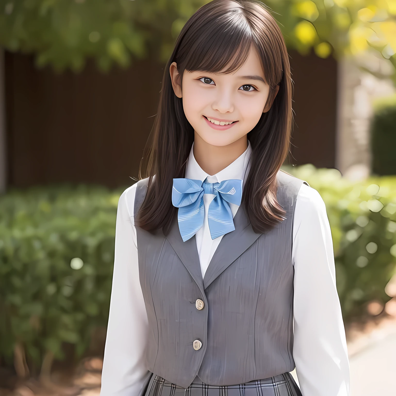 (highest quality, masterpiece:1.2), highest quality, Realistic, photograph, High resolution, 1080p, 8K, Physical Rendering, ((Height: 155cm)), ((((((A 14 year old beautiful Japanese fashion model is looking directly at the viewer)))))), (((big very detailed Japanese beautiful dark brown eyes))), ((((loving and laughing at me!)))), detailed fingers, (((curled blunt bangs))), ((((Very noble and cute eyes, carefully drawn with great attention to detail)))), ((double eyelids)), (((long eyelashes))), ((cute lovely lovely laughing laughing cheeks)), ((The pure white light hits my nose and cheeks. Her eyes and white facial skin shine beautifully white.)), (((Her facial features are very expressive noble smile, very sweet, very intelligent))), ((((blue super-large long ribbon bow tie in plain)))), ((((black very beautiful and very long bobbed hair)))), ((((gray box-pleated school skirt and grey vest)))), skirt, ((((A ivory blouse with puffed sleeves)))), ((Classical orchestra concert hall)), ((complexion lightening)), ((Full body shot)), ((chorus singer))
