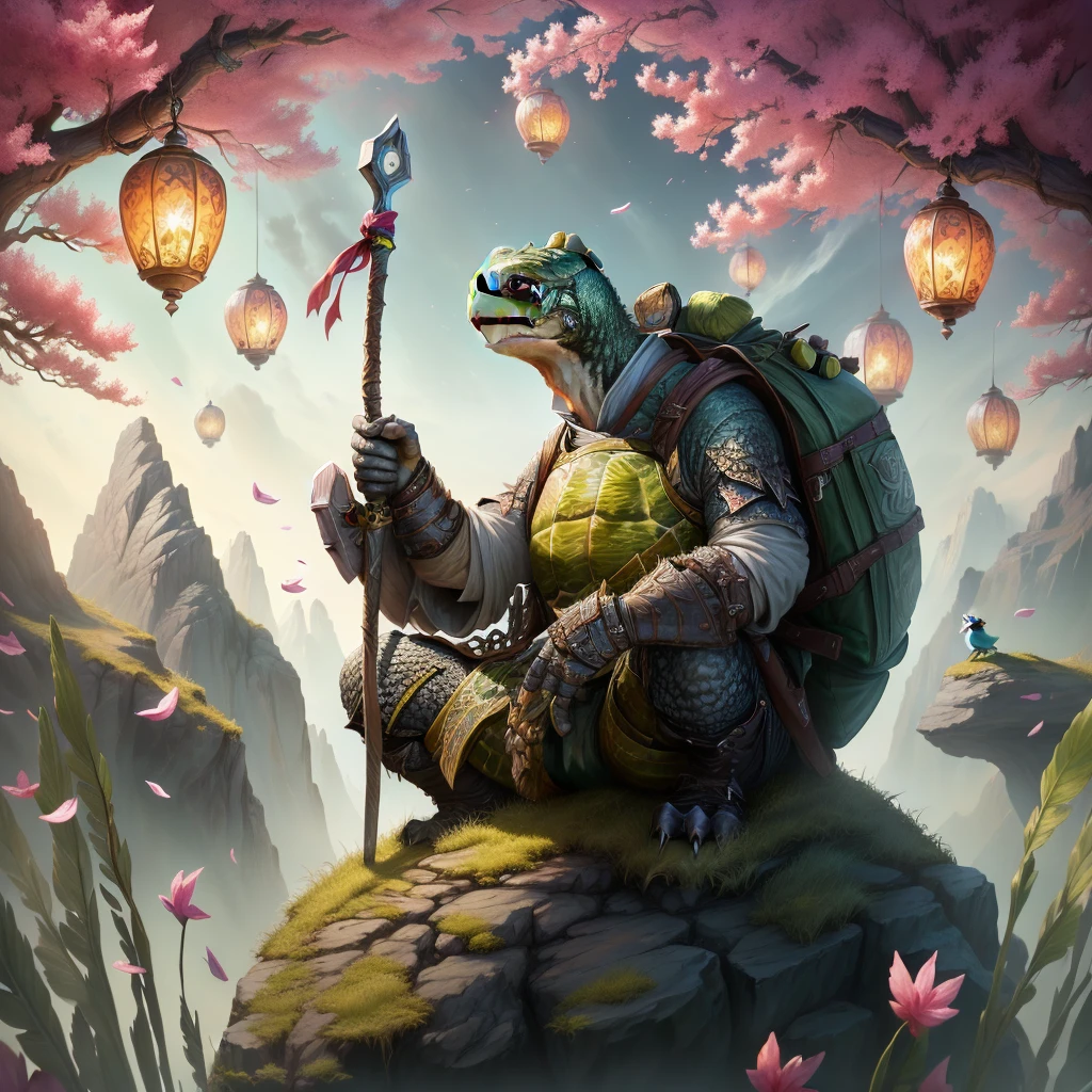 A turtle with a sword and a backpack sitting on a rock a close up of an angry turtle with a hat sitting on a rock with a stick, scarred from battles, wearing a baseball hat, isometric 3d fantasy turtle, 3 d animated movie, cyril rolando and goro fujita, anthropomorphic turtle hero, animated film, 3 d epic illustrations, 4k highly detailed digital art, 4k art, ‘raya and the last dragon’ etc, 4k detailed digital art.