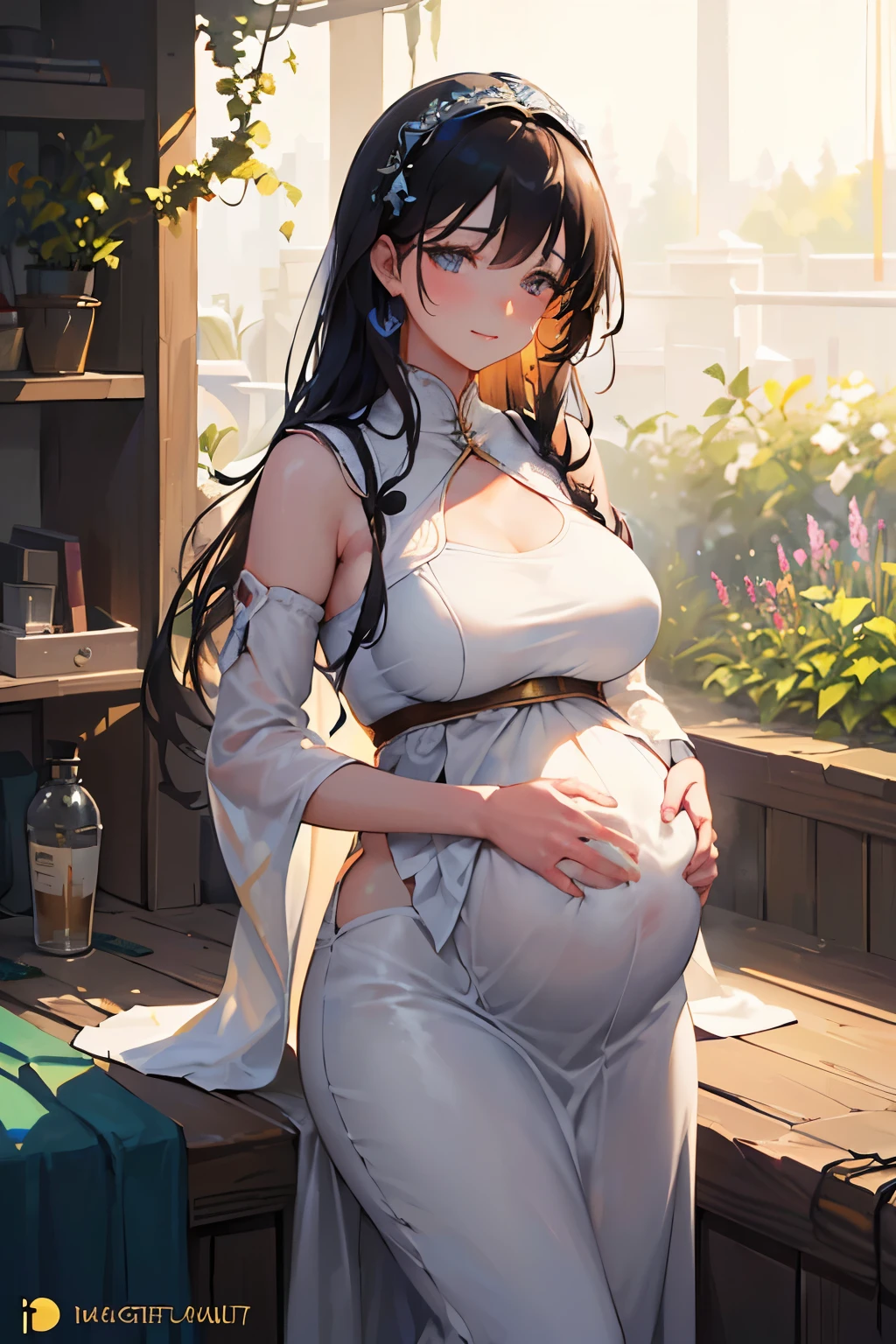 A pregnant woman with a big belly, (beautiful detailed eyes:1.1), (beautiful detailed lips:1.1), (extremely detailed skin:1.1), (long eyelashes:1.1), (soft and glowing skin:1.2), (radiant complexion:1.1), (flowing hair:1.1), (maternity dress:1.1), (nurturing hands:1.1), (peaceful expression:1.1), (gentle smile:1.1), (twins:1.1), (excitement and anticipation:1.1), (maternal love:1.1), (bonding:1.1), (tender care:1.1), (beautiful garden background:1.1), (sunlit scene:1.1), (gentle breeze:1.1), (serene atmosphere:1.1), (vibrant colors:1.1), (dreamlike lighting:1.1), (photorealistic details:1.37), (ultra-detailed painting:1.1), (best quality,highres:1.2), (bokeh effect:1.1), (warm color tone:1.1), (soft and natural lighting:1.1), (harmonious composition:1.1), (subtle shadows:1.1), (beautiful pregnancy glow:1.1), (tactile textures:1.1), (joyful anticipation:1.1), (captivating and emotional scene:1.1), (magical ambiance:1.1), (motherhood journey:1.1), (centered and balanced composition:1.1), (emotional connection:1.1)