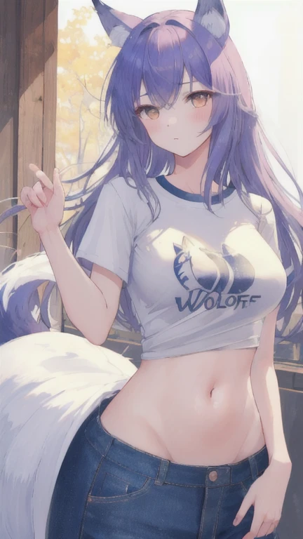 (best quality, masterpiece), 1 girl, centaur, It takes, belly button t-shirt, The lower body is a wolf, The upper body of a beautiful girl , 아름다운 소녀 perfect wolf photo, perfect wolf photo