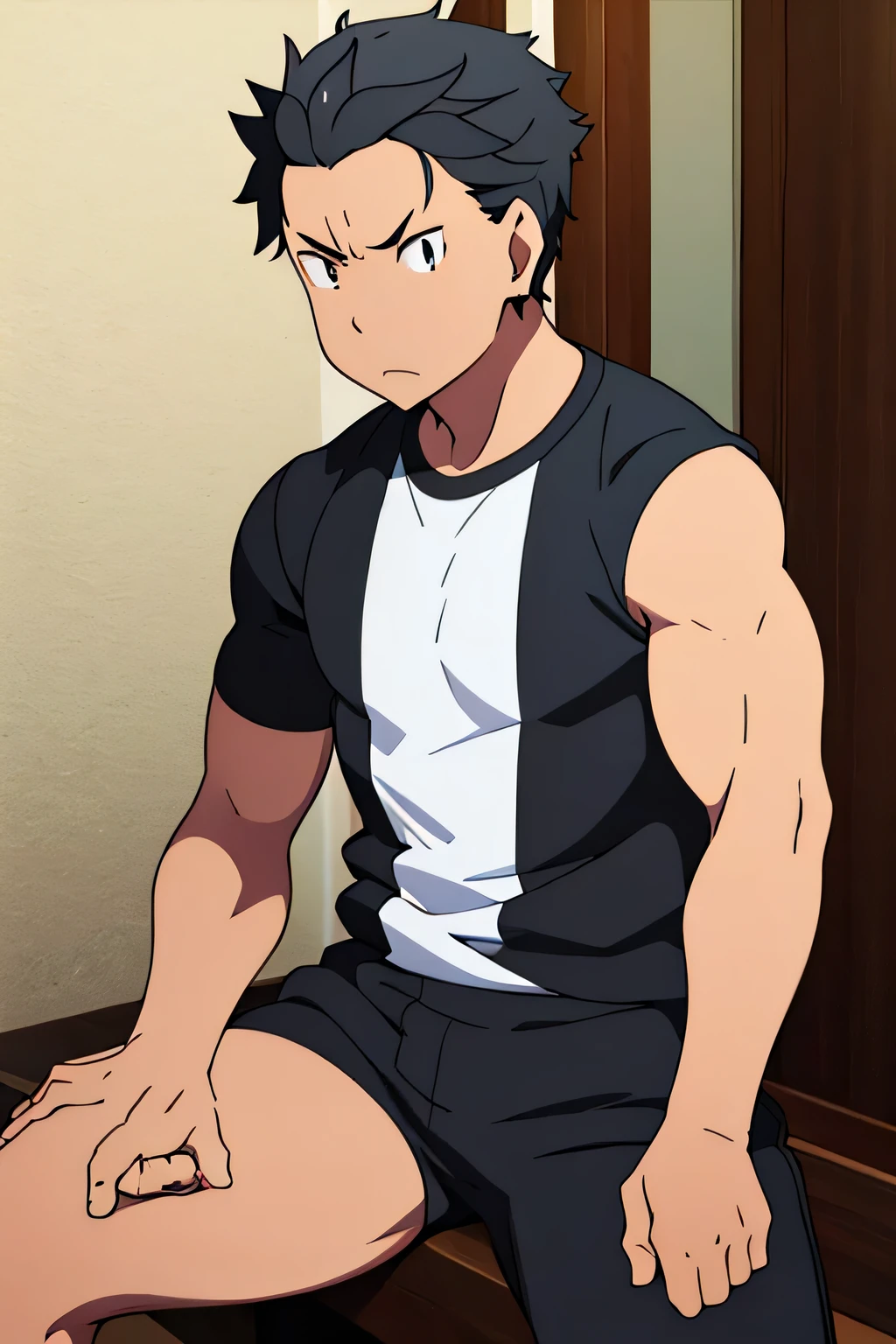 Subaru is sitting and flexing his biceps. He wears black shorts. You can see his thighs. He looks stoic and serious. He has bulging veins on his arms. He wears a black tshirt with short sleeves. His sleeve is completely rolled up so you can see his entire arm and shoulder. He is showing his abs too.