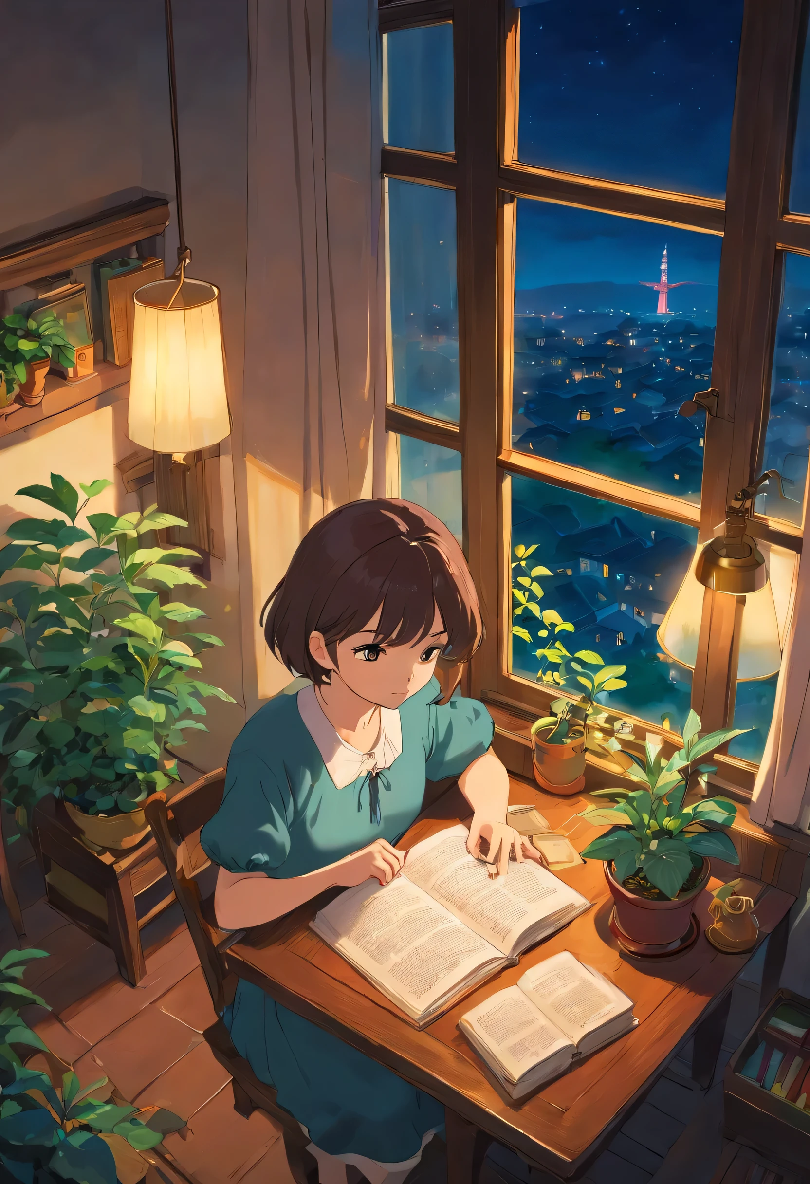 Nice room、plant、Table by the window、reading、night、Angle from above、short hair、Girl in a blouse、Looking out the window