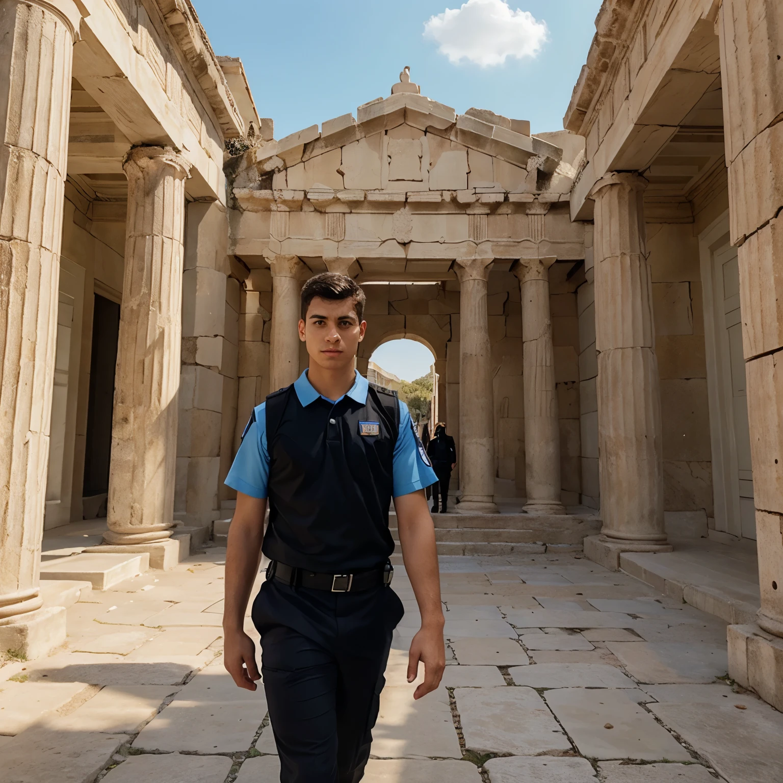 a boy is wearing secutity guard uniform. his face looks so bored. he is walking in front of a huge ancient greek building. the sign on the building says "museum"