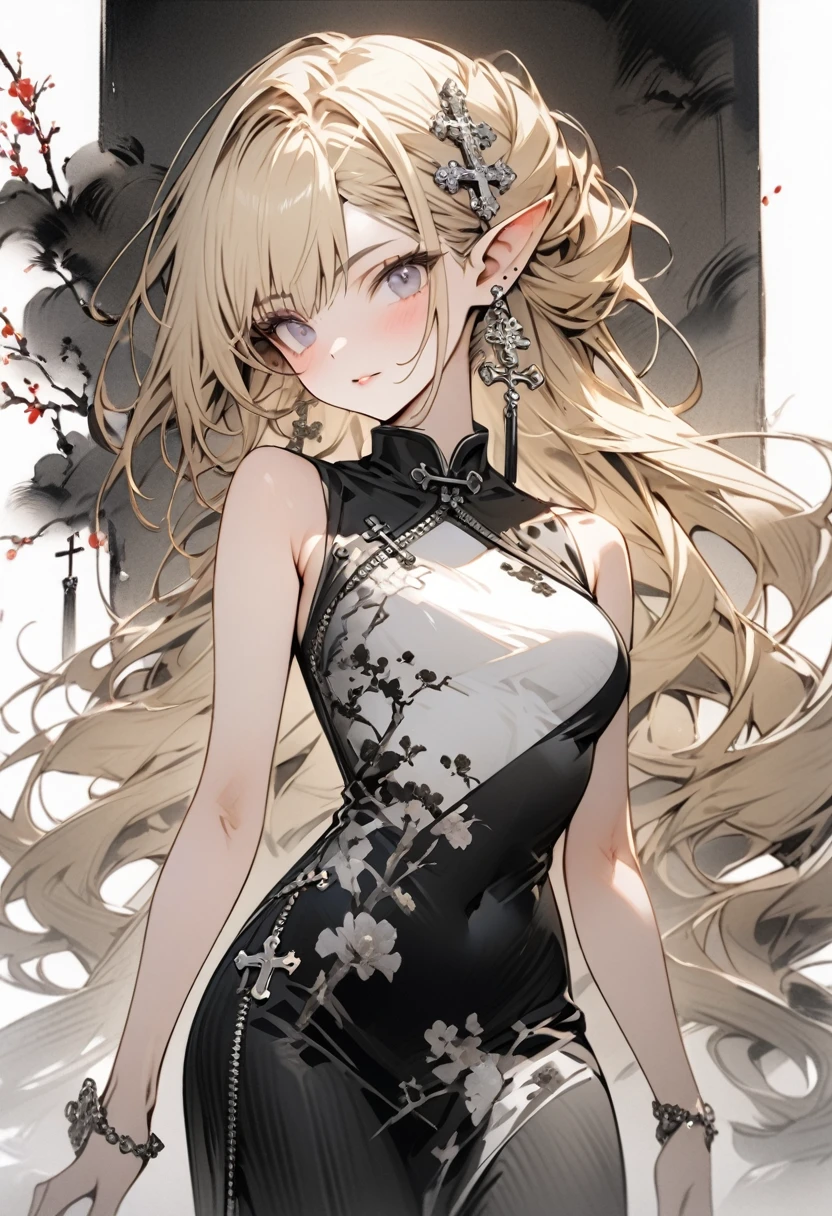 (masterpiece, best quality) detailed, silver accessories , The zipper is not closed , Blonde ,elegant, Pointed ears ，Chinese，cheongsam，whole body，Ink Painting，cross
