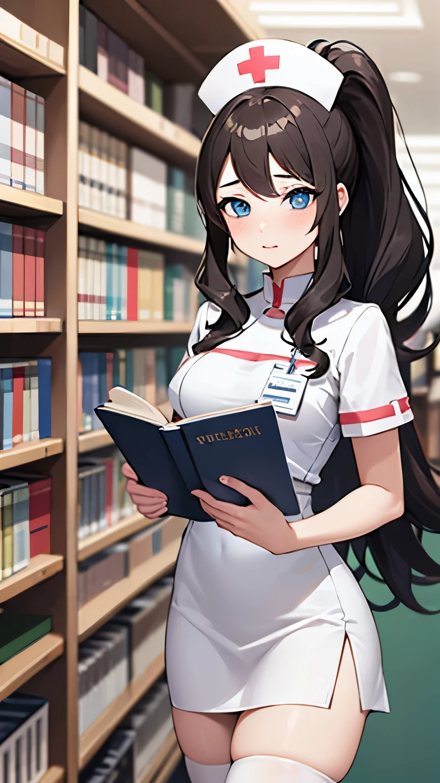 (masterpiece, best quality, detailed), 1girl, solo, looking at viewer, hilda pokemon, high ponytail, long hair, blue eyes, nurse, nurse uniform, white thighhighs, nurse cap, id card, white dress, indoors, library, bookshelf, book, book stack, blush, beautiful detailed eyes