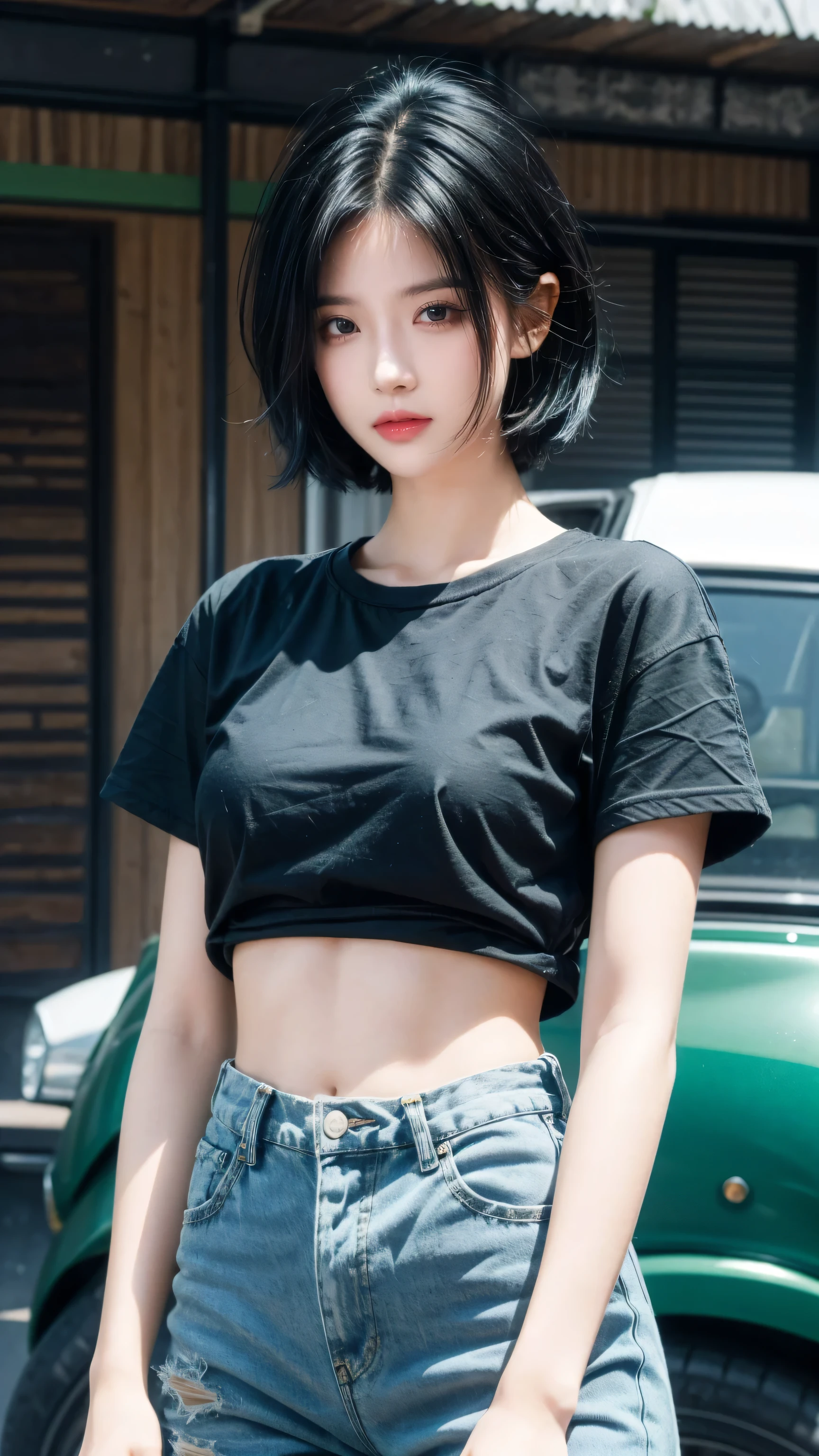 best quality, 1 Girl, dark blue hair, black eyes, Very short hair, Spiky hair, green oversize t-shirt, High waist short jeans, 171 cm, Messy hair, Hair between the eyes, Medium breasts, full, Tomboy, aldult, 20 years old, 1 Girl near green motorcycle