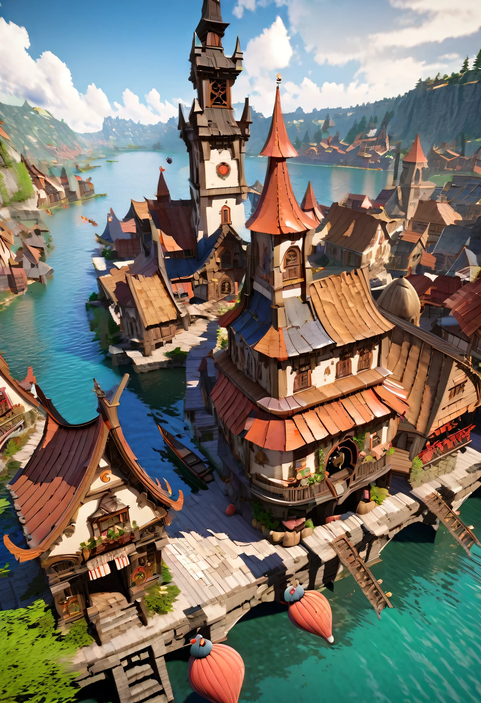 Fantasy painting of a riverside village, Render in Cinema4D, Bulbous, Precise nautical details, Creative character design, Whimsical cartoon style, 32k uhd --ar 2:1