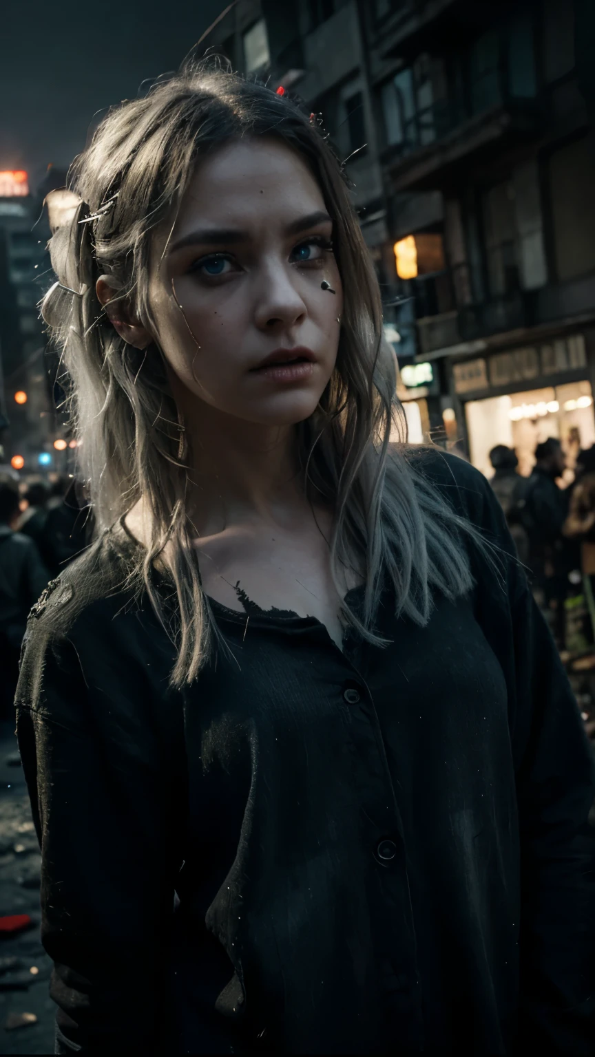 a zombie cuple , 1man and 1 girl dancing, detailed white hair, detailed face and eyes, detailed decay skin texture, detailed zombie features, chaotic city background, destroyed buildings, post-apocalyptic atmosphere, moody lighting, dark and gritty, cinematic composition, high detail, photorealistic, 8k, masterpiece, blue eyes, bright blue eyes, (masterpiece, best quality, ultra-detailed, best shadow), (detailed apocaliptic city background, looking at viewer, serious, angry), (detailed face, feminine features), (best illumination), ((cinematic light)), colorful, hyper detail, dramatic light, intricate details, gothic style,
