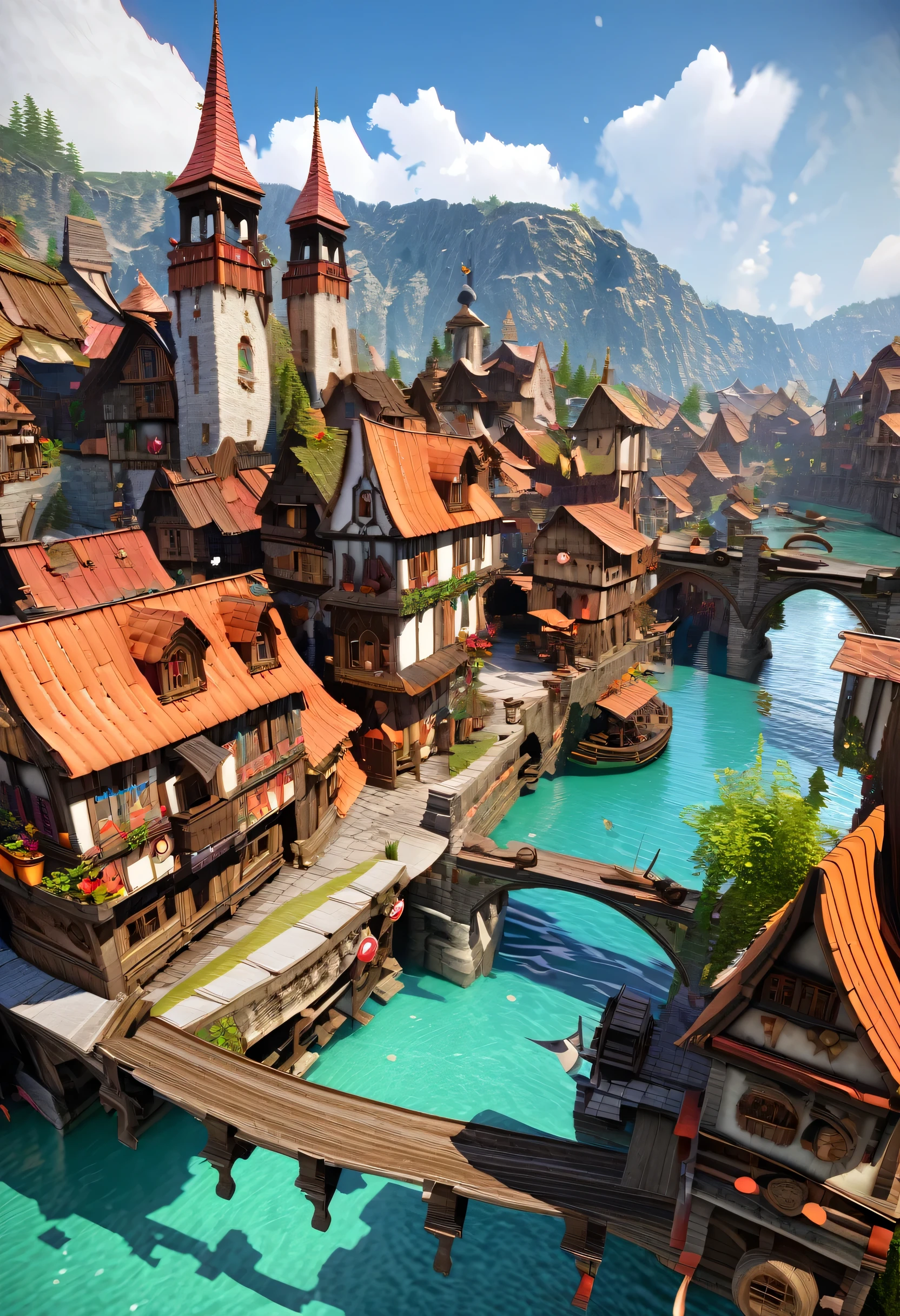 Fantasy painting of a riverside village, Render in Cinema4D, Bulbous, Precise nautical details, Creative character design, Whimsical cartoon style, 32k uhd --ar 2:1