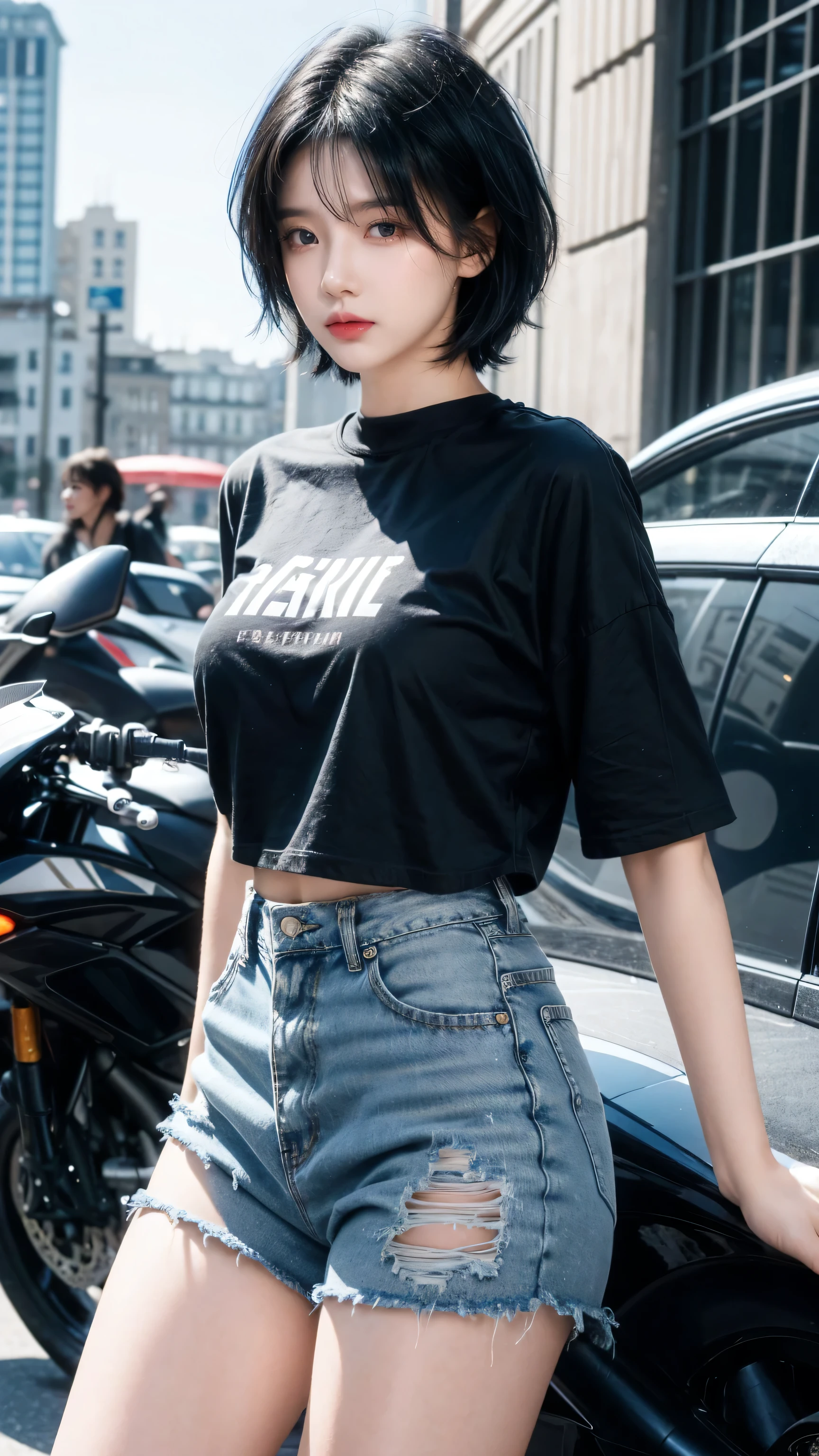 best quality, 1 Girl, dark blue hair, black eyes, Very short hair, Spiky hair, oversize t-shirt orange , High waist short jeans, 171 cm, Messy hair, Hair between the eyes, Medium breasts, full, Tomboy, aldult, 20 years old, 1 Girl near motorcycle orange