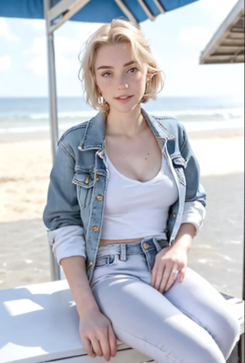 A 21-year-old girl named Kate with short blonde hair, very nice medium breasts, her height is 1.60, white British style, kate is beautiful, angelic face, has slight freckles in the nose area, Kate is wearing light jeans with a denim jacket also light colored, Kate wears an All Star sneaker. Kate is in a Kiosk on Copacabana Beach