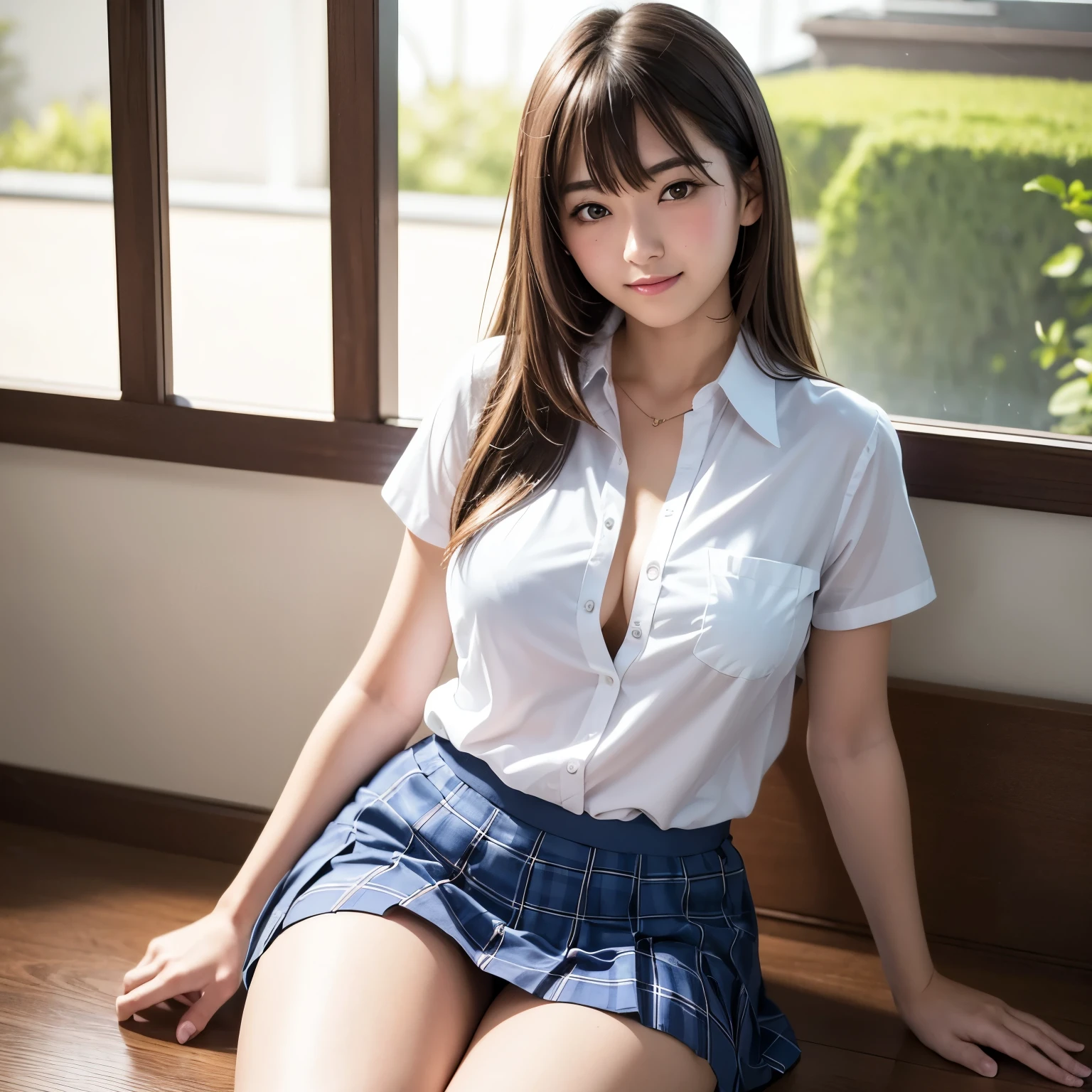 Best quality, masterpiece, ultra-high resolution, 8K, (reality: 1.4), RAW shooting, most detailed face, very detailed and perfect anatomy, live photography; most beautiful face; shining skin; one 18-year-old Japanese.My bangs and eyes are big and cute.It has brown eyes, gentle eyes, long brown hair, a young face, and a large chest.E-cup. Look at the audience.angelic smile.gravure pose, The best smile, the best smile,Cosplay, glossy blue short-sleeved shirt, checkered pleated skirt, white high socks.Japanese high school girl.