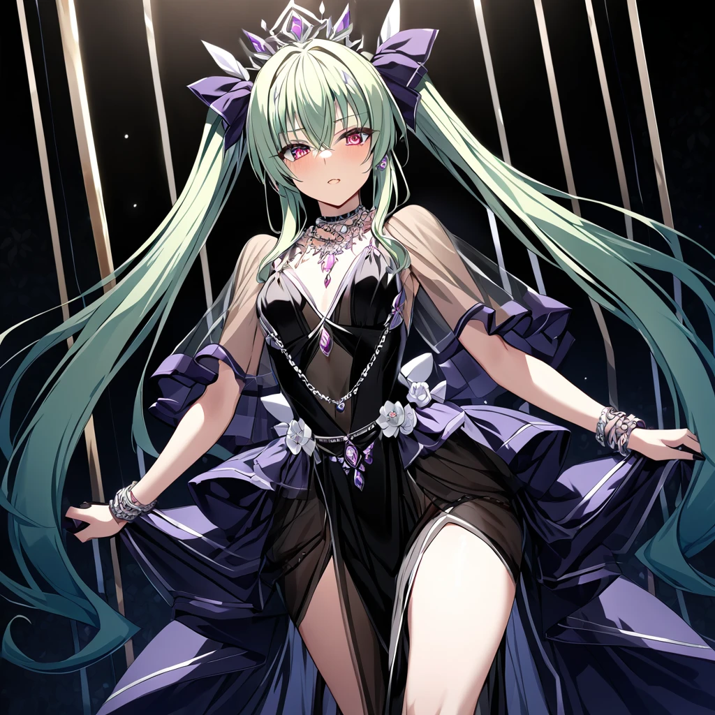 ((highest quality)), ((masterpiece)), (detailed), (Perfect Face)、The woman is Extia Flora, with silver, semi-long twin-tails.、She has red eyes, a gorgeous black long slit see-through dress that shows off her skin, a see-through cape with fur, a jeweled necklace, a tiara, earrings, a head dress-up chain, a waist chain, bracelets, anklet, etc.々She wears lavish jewelry and shiny black boots.