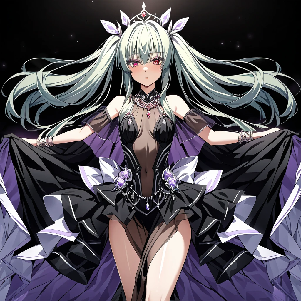 ((highest quality)), ((masterpiece)), (detailed), （Perfect Face）、The woman is Extia Flora, with silver, semi-long twin-tails.、She has red eyes, a gorgeous black long slit see-through dress that shows off her skin, a see-through cape with fur, a jeweled necklace, a tiara, earrings, a head dress-up chain, a waist chain, bracelets, anklet, etc.々She wears lavish jewelry and shiny black boots.