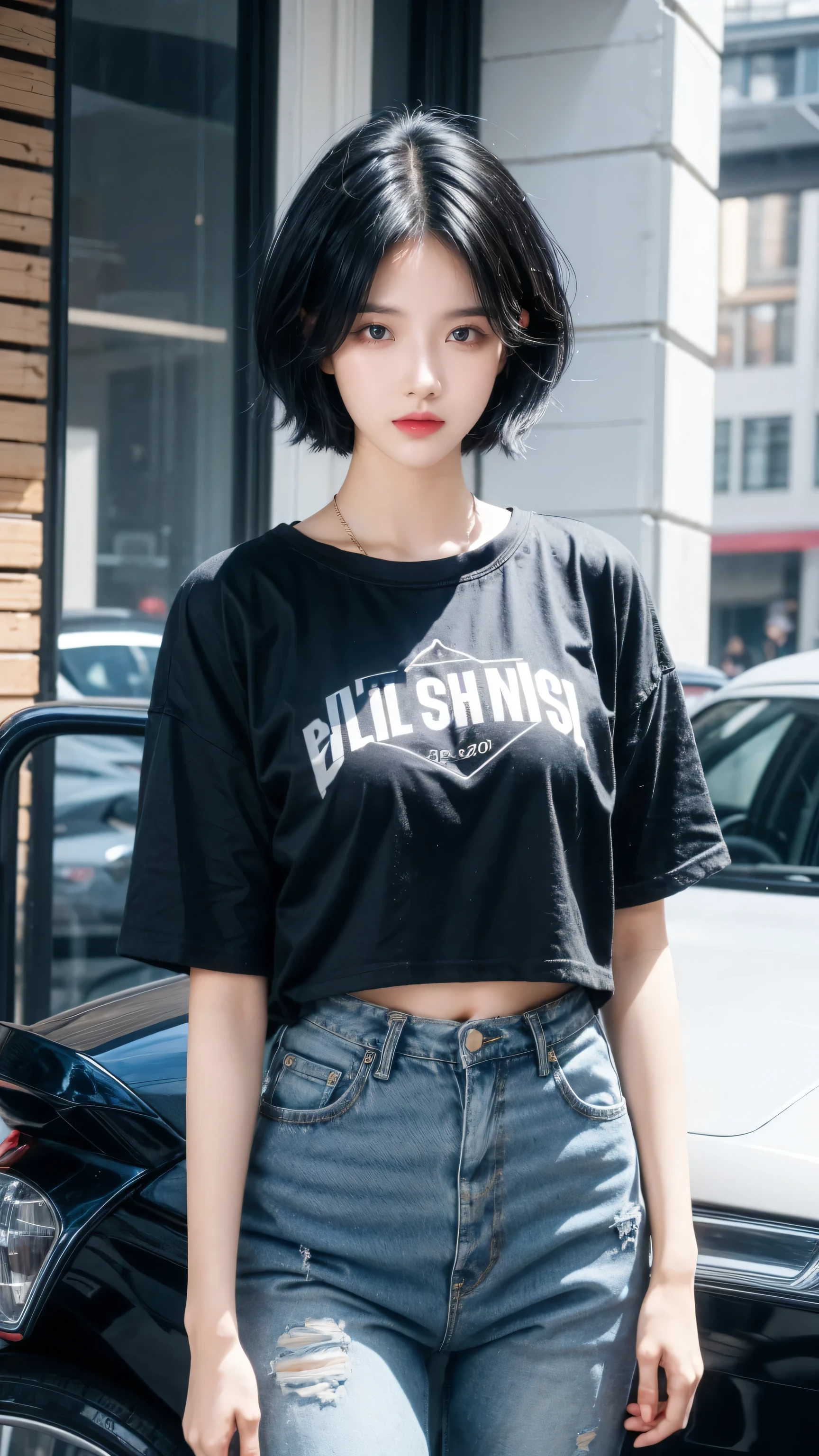 best quality, 1 Girl, dark blue hair, black eyes, Very short hair, Spiky hair, blueoversize t-shirt, High waist short jeans, 171 cm, Messy hair, Hair between the eyes, Medium breasts, full, Tomboy, aldult, 20 years old, 1 Girl near blue motorcycle