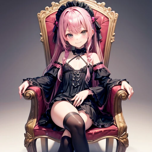 wear gothic Pink Hair Loliy type Flat Chest Sitting in a chair