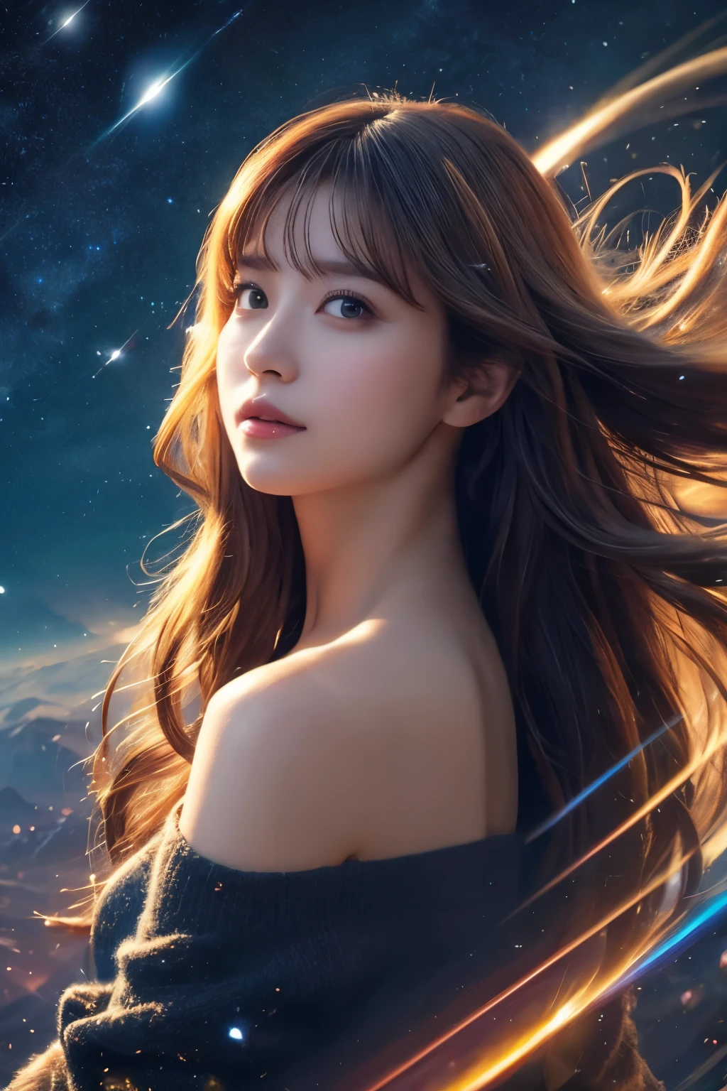 High quality, Best Quality, masutepiece, Detailed portrait of a woman 1 girl, Long hair, (floating, spaces, Galaxy, Colorful), Warm lighting, Goddess, Galaxy, Scenery, Multicolored corollas of hair, {{{Best Quality}}}, {{Ultra-detailed}}, {Illustration}, Cinematic Angle, {Detailed light},Cinematic lighting, celestial, Dynamic Pose