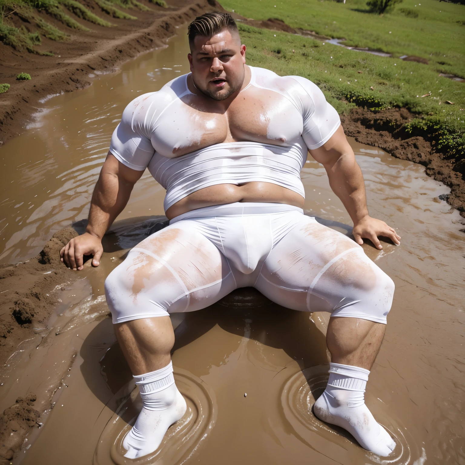 really looking like a monstruous fat sweaty filthy stinky bloated pig with his clearly visible golden piercing huge ring at his nose , full body view, a huge over-muscular  bodybuilded white dyed blond gay guy with undercut haircut, dozens of facial piercings, white lycra shorts, in his white sweaty socks, no shoes, his heavy monstruous bulge swells the white lycra disproportionately, and over-inflated pecs that are four times bigger than his head, crying, terrified, filthy and wet of sweat, He bears marks of blows received on his face and body, hardly crawling on the muddy, dirty, stinking ground, helpless, cannot getting up once fallen, his head looking incredibly ridiculously tiny , showing off his white socks, shoeless, view from above, hi res, large view on ountryside background