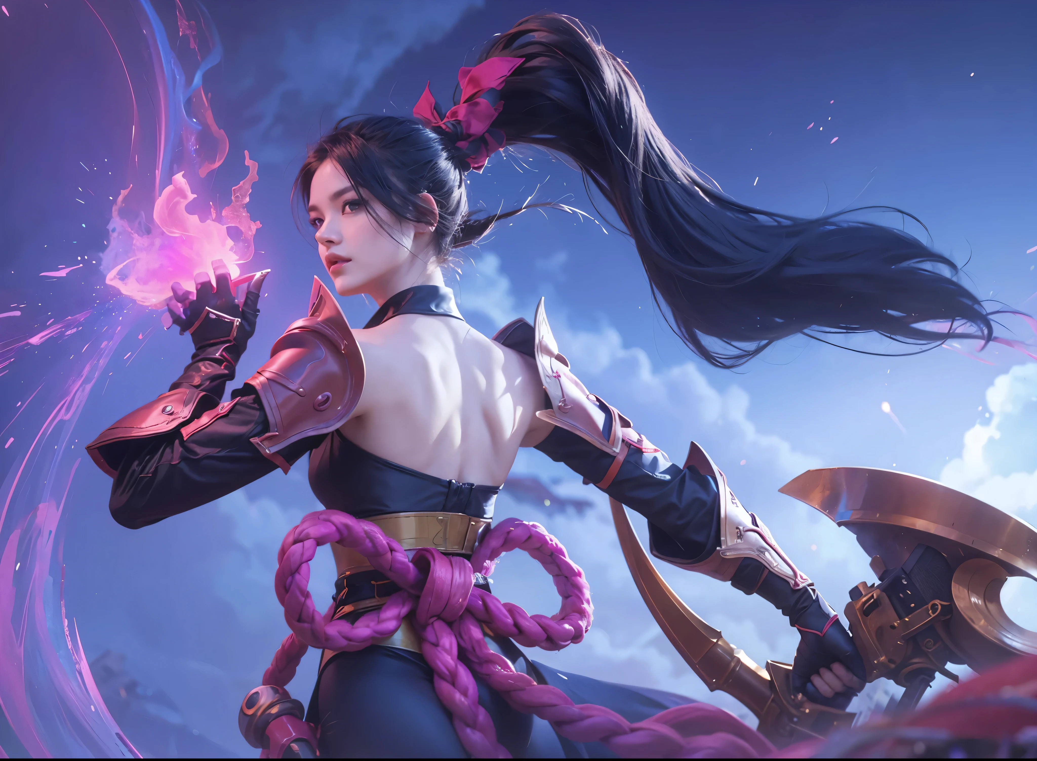 A woman wearing A ninja costume, A woman with long black pony hair, A woman holding A weapon, A woman with magic fire on his hand, Ultra Realistic, Ultra Hd, Ultra Detailing, Hyper Realistic, 8k, 4k ultra hd
