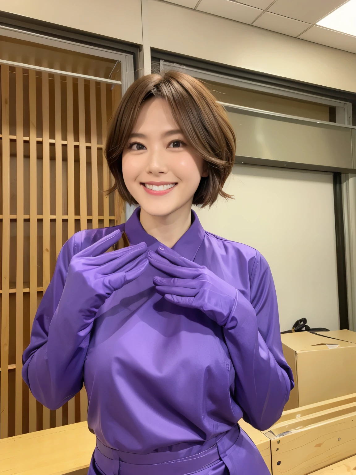 woman, 30th generation, Japan,Wearing a work shirt,(smile:1.6),Tour the Warehouse,use,Rubber gloves、Purple Rubber glovess、Purple Rubber glovess、long Rubber glovess in purple color,,、Shiny purple gloves、(woman二人が写っている:1.2)、(very short brown hair:1.3)